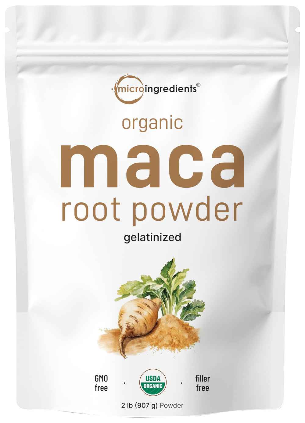 Micro Ingredients maca root powder bag showing organic Peruvian source and antioxidant-rich formula
