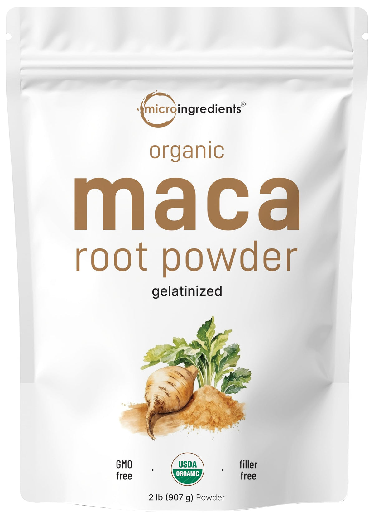 Micro Ingredients maca root powder bag showing organic Peruvian source and antioxidant-rich formula