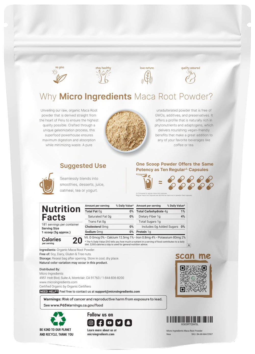 Micro Ingredients maca root powder scoop included for easy daily measuring