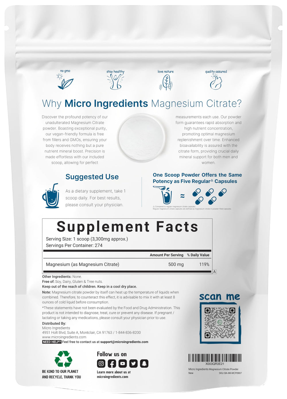 Scoop of Micro Ingredients magnesium citrate powder for precise daily dosing.