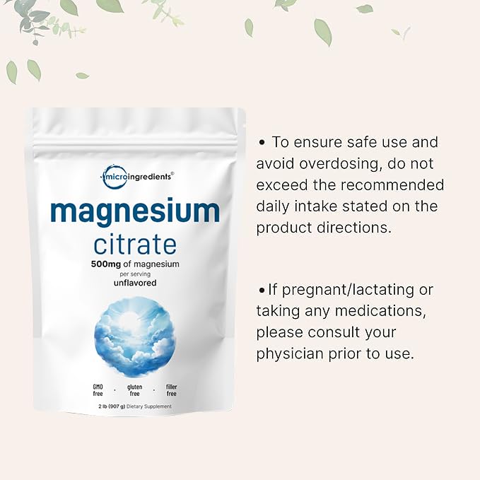 Magnesium citrate powder shake ready for smoothies and nutrient utilization.