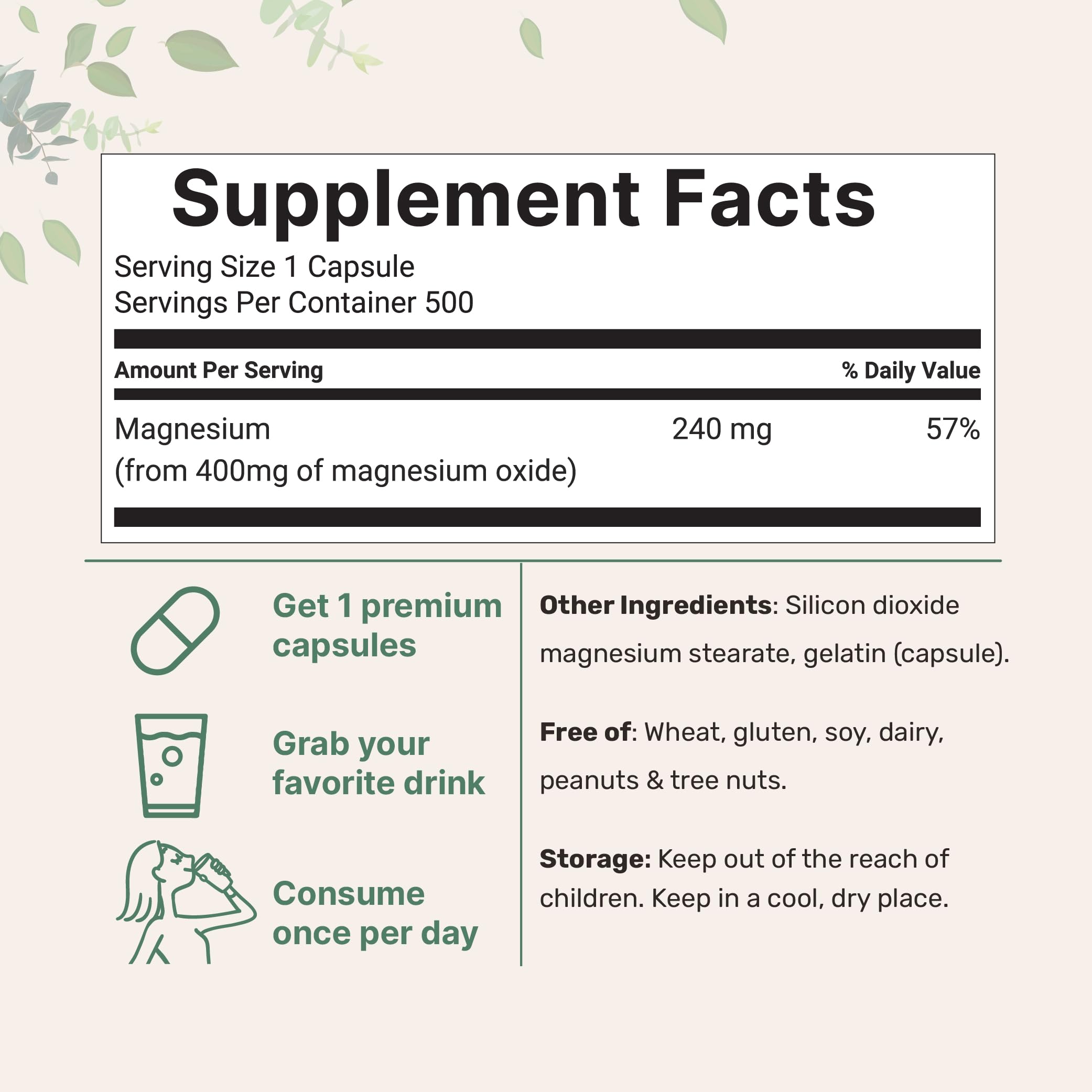 Micro Ingredients Magnesium Oxide 400mg bottle label shows non-GMO and allergen-free claims.