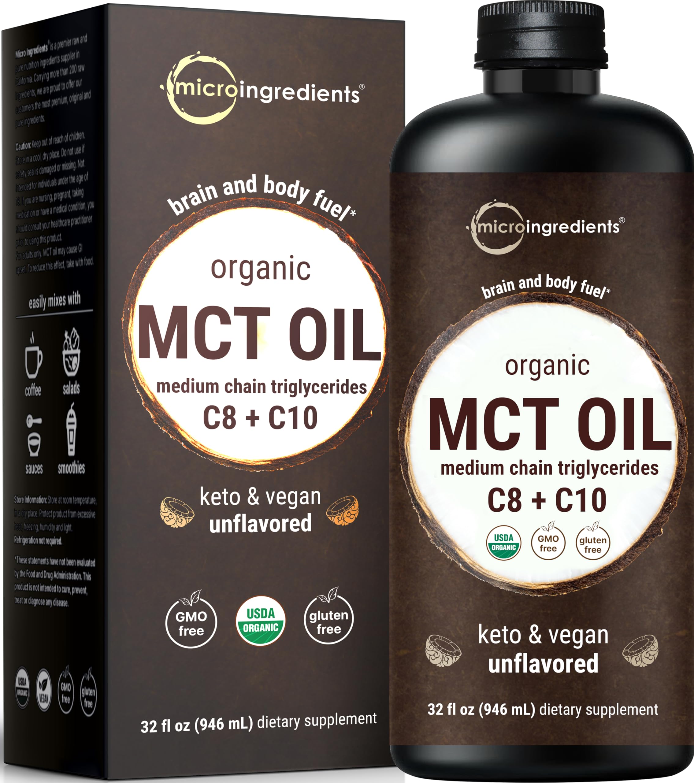 Micro Ingredients MCT Oil Organic bottle view, ideal for keto energy.