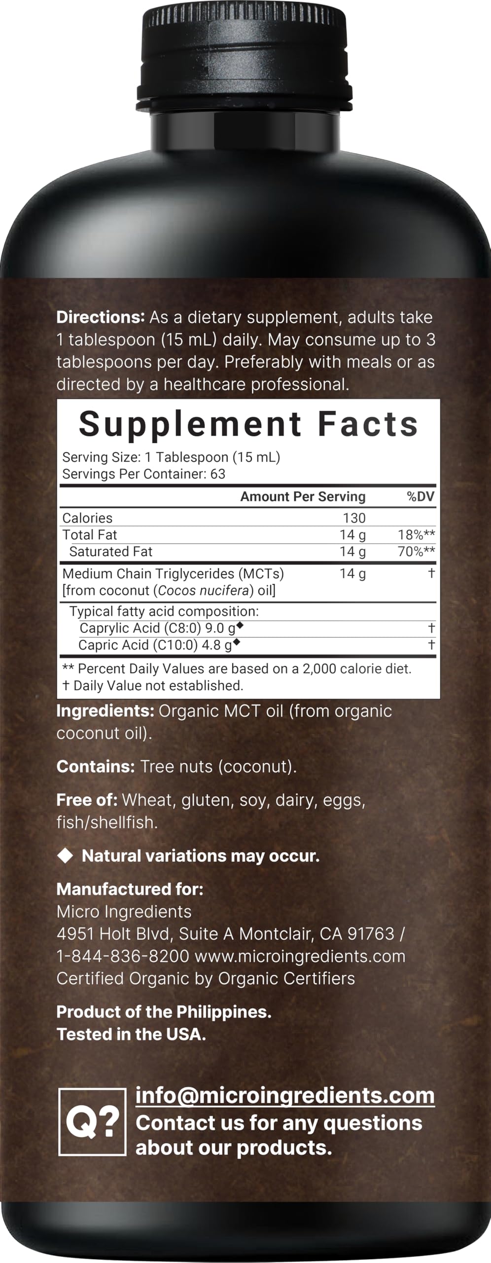 Micro Ingredients MCT Oil Organic label close-up highlighting organic certification.