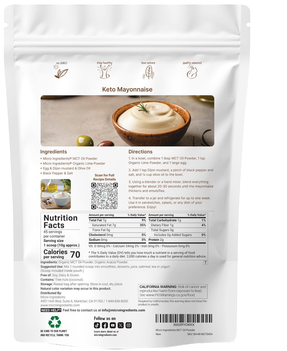 Micro Ingredients MCT Oil Powder jar reveals prebiotic fiber and coconut base.