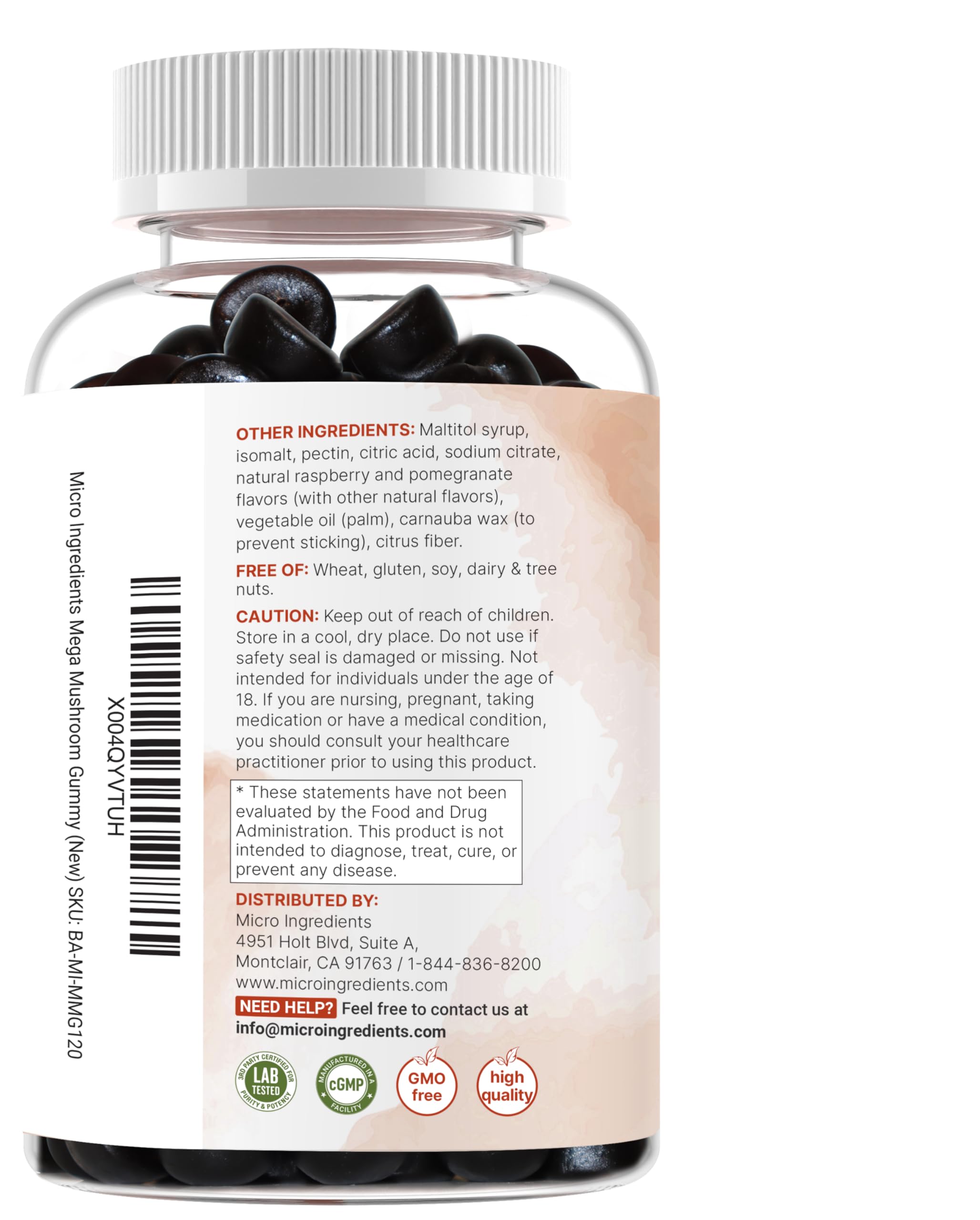 Micro Ingredients Mega Mushroom Gummies 120-count bottle highlights non-GMO and allergen-free