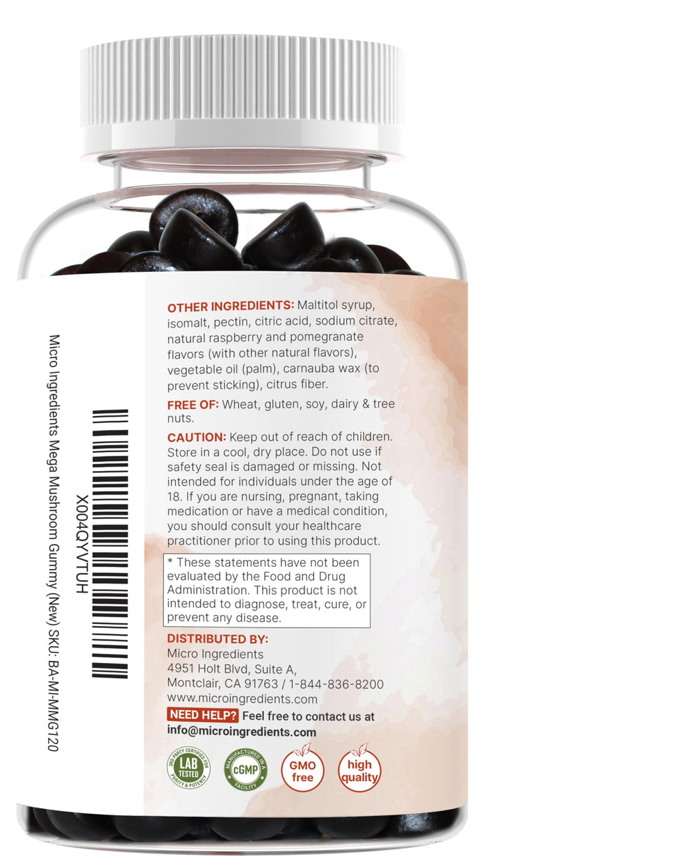 Micro Ingredients Mega Mushroom Gummies 120-count bottle highlights non-GMO and allergen-free