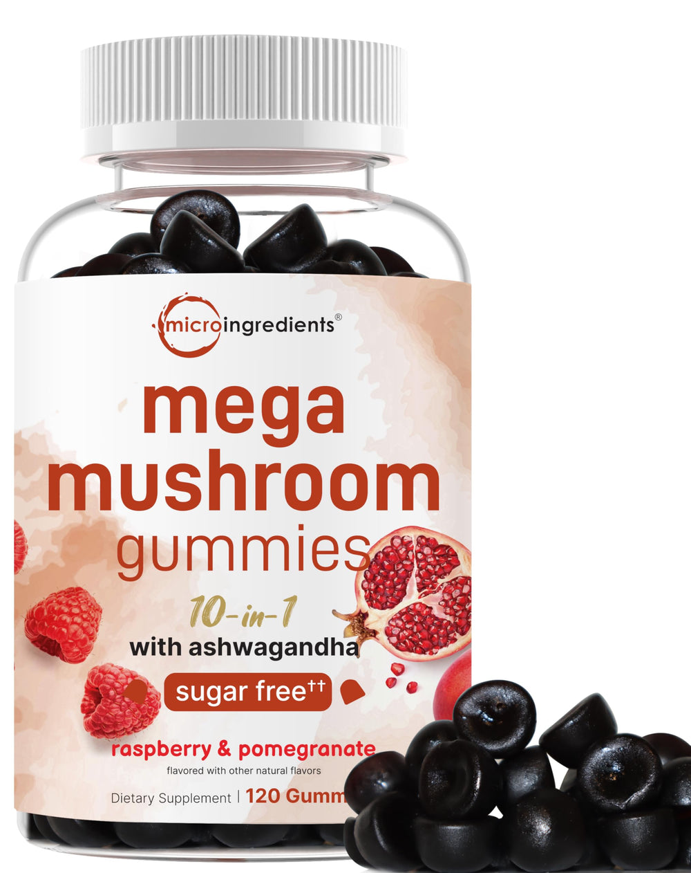 Micro Ingredients Mega Mushroom Gummies bottle front shows raspberry-pomegranate flavor for immune support and focus