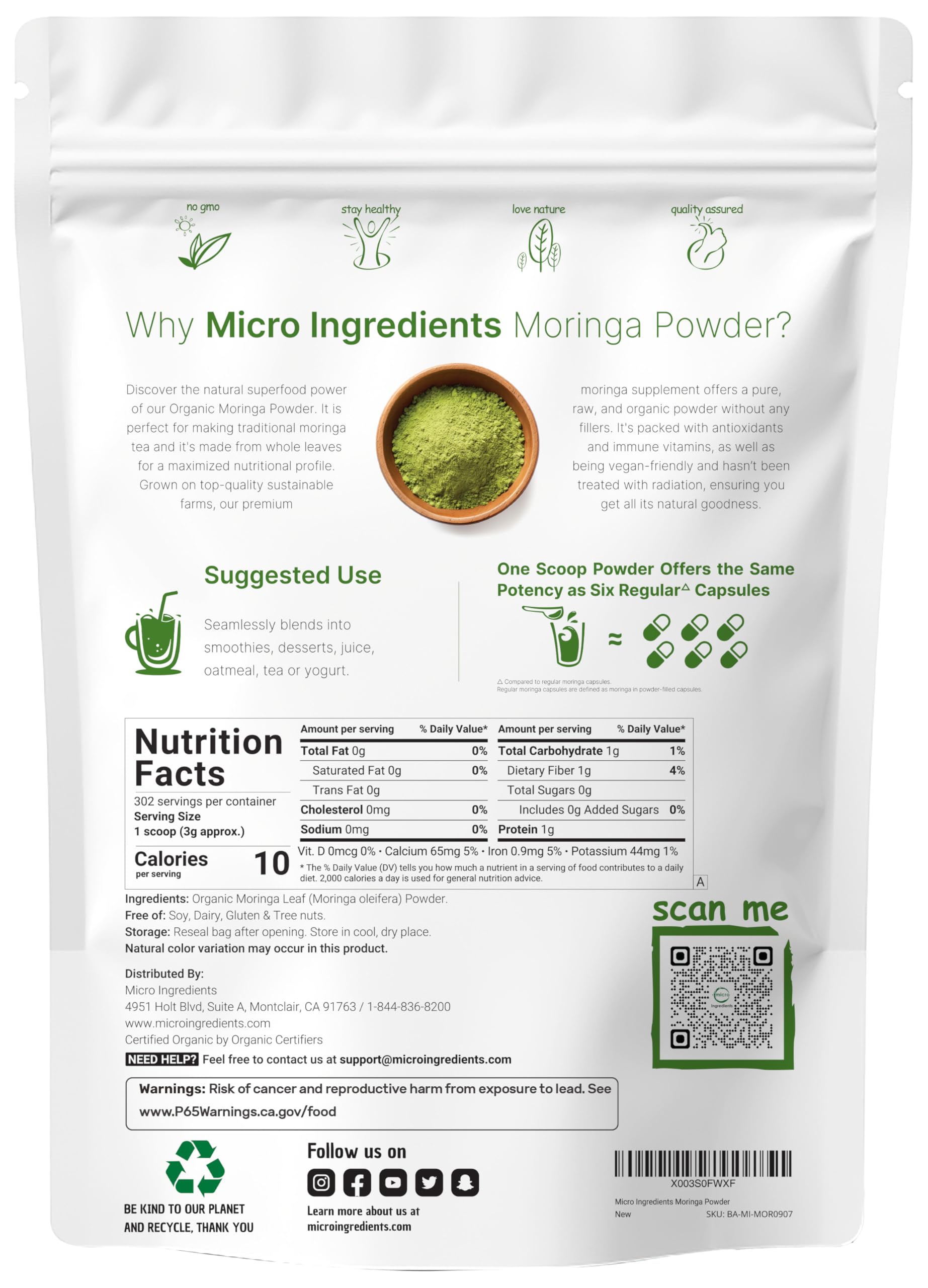 Micro Ingredients Moringa leaf powder no stems, smooth blends