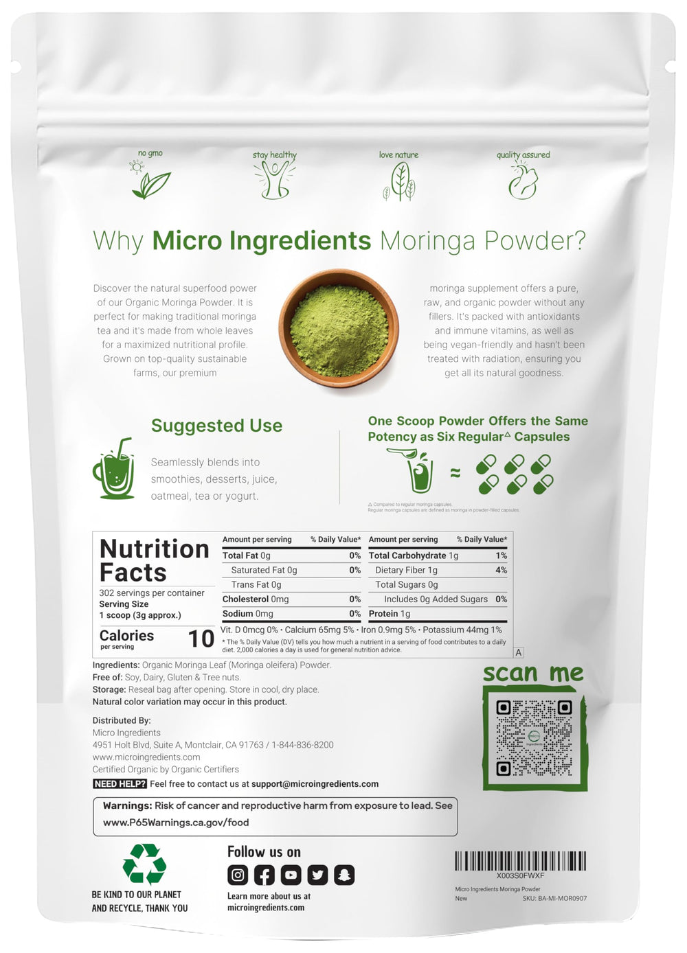 Micro Ingredients Moringa leaf powder no stems, smooth blends