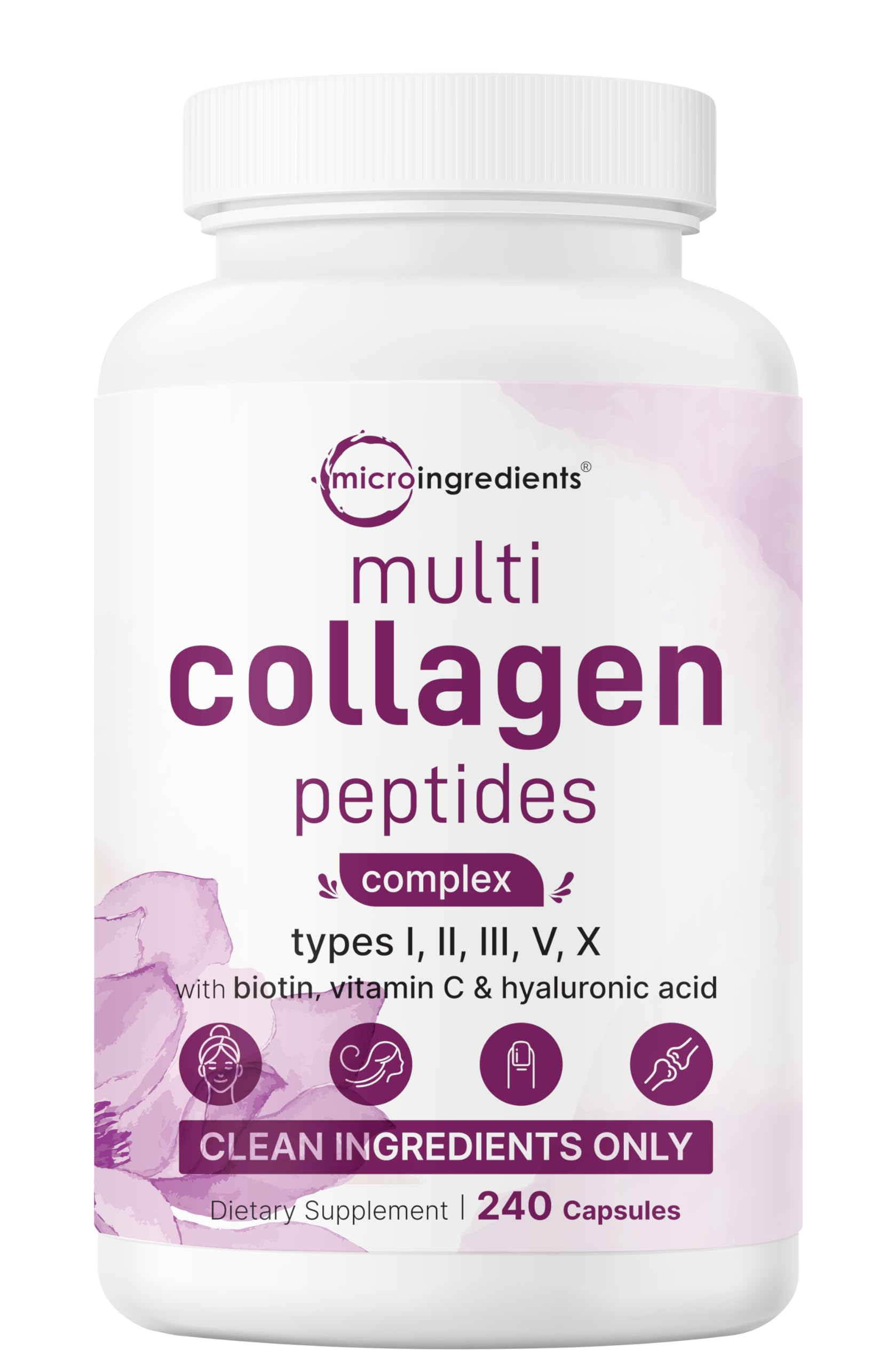 Micro Ingredients multi collagen bottle shown, a complete five-type blend for daily skin and joint care