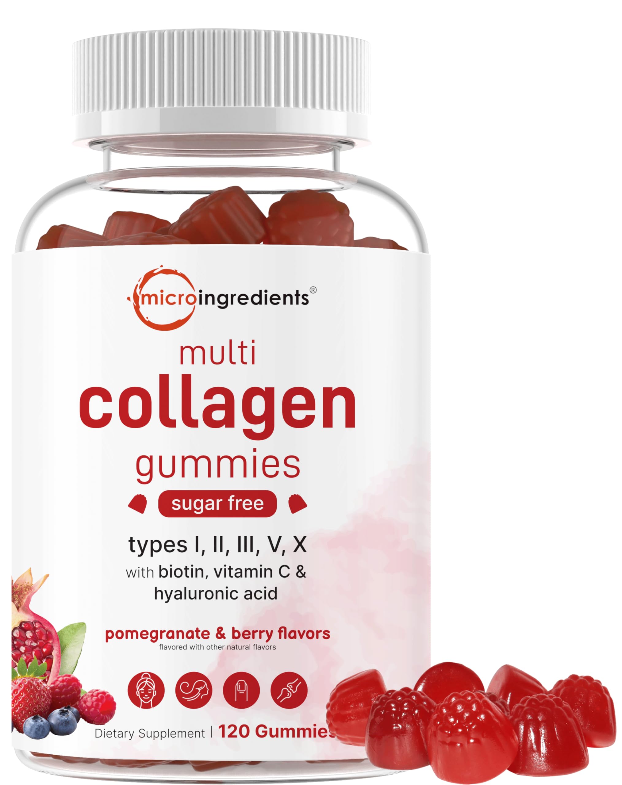 Micro Ingredients Multi Collagen Gummies with pomegranate-berry flavor for a tasty daily skincare boost.