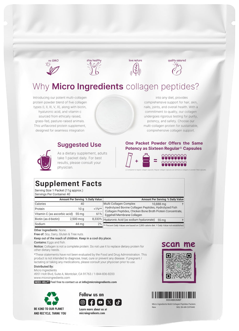 Micro Ingredients collagen packets box and contents ready to mix