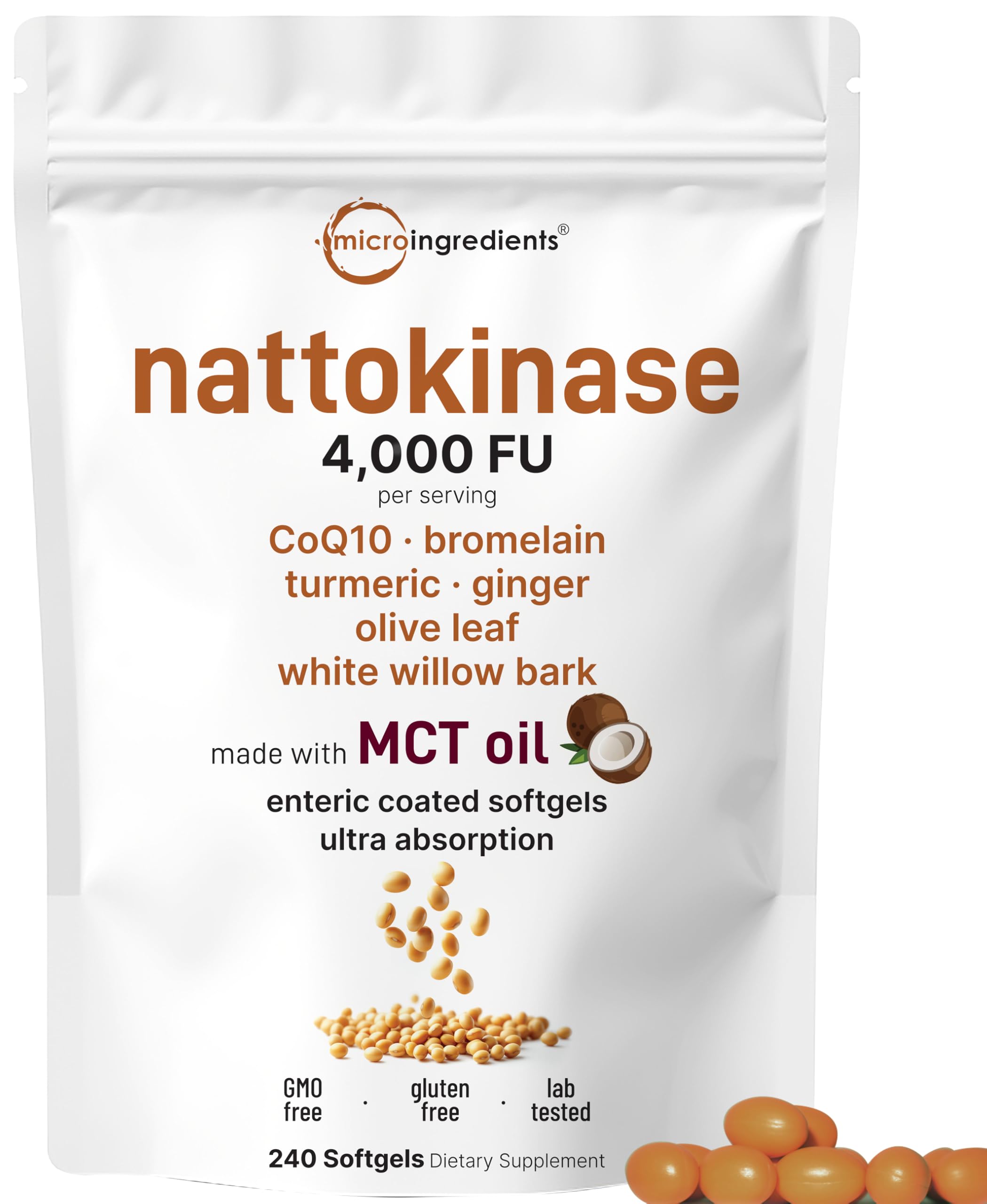 Micro Ingredients nattokinase enteric-coated softgels with MCT oil for gentler absorption and nutrient delivery.