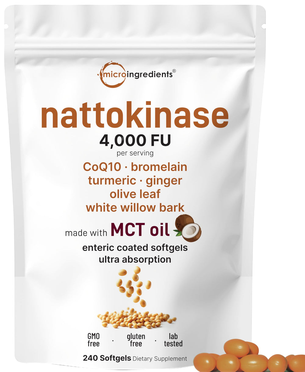 Micro Ingredients nattokinase enteric-coated softgels with MCT oil for gentler absorption and nutrient delivery.