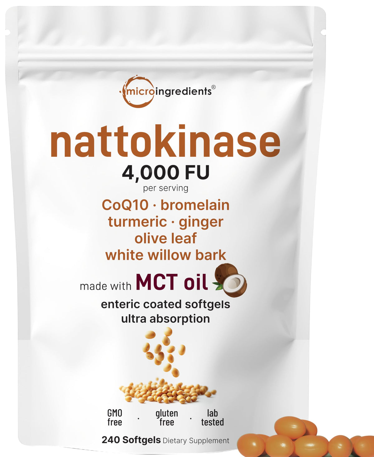Micro Ingredients nattokinase enteric-coated softgels with MCT oil for gentler absorption and nutrient delivery.