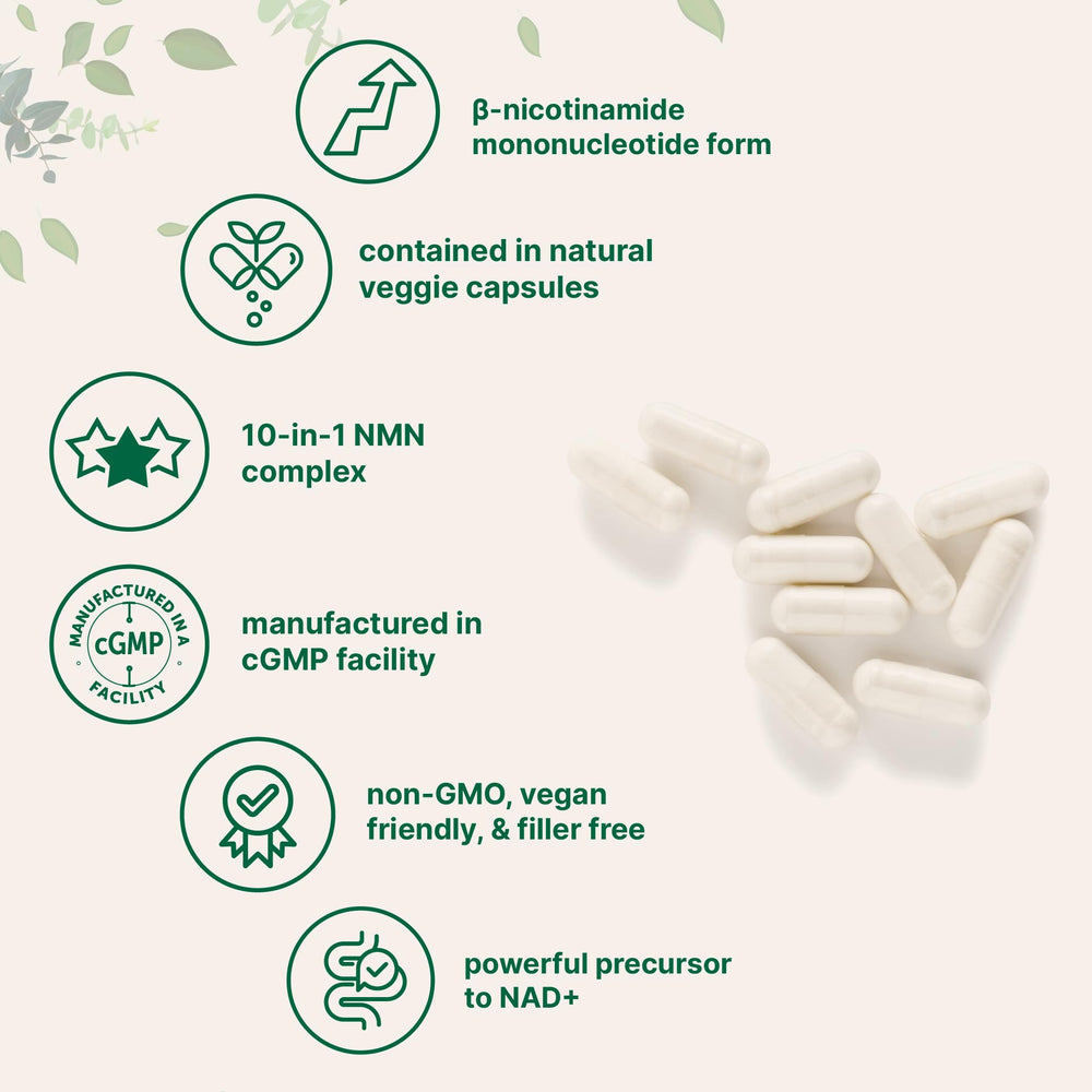 Close-up of NMN Complex label highlighting ingredients and certifications