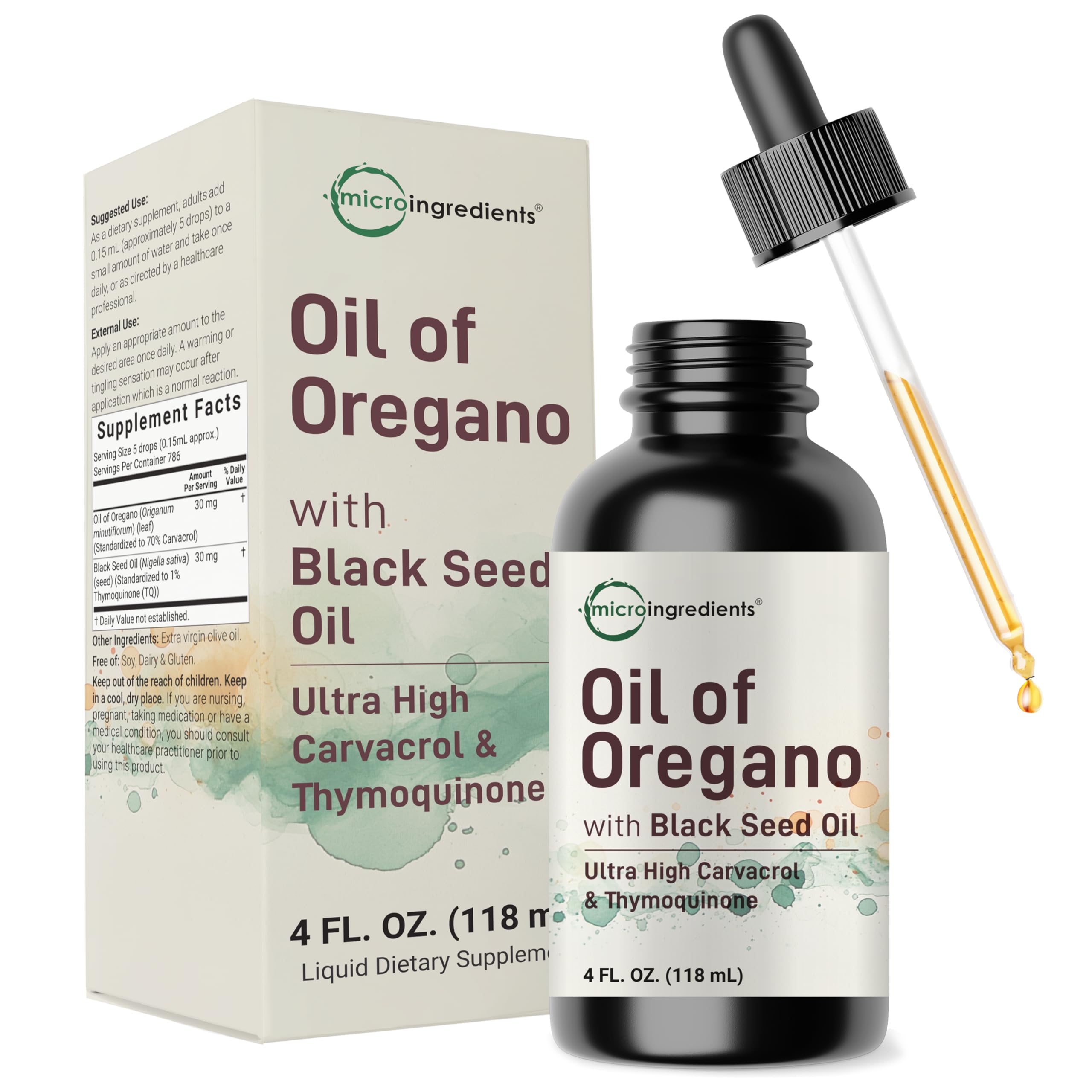 Micro Ingredients Oil of Oregano with Black Seed Oil bottle drops for daily wellness.