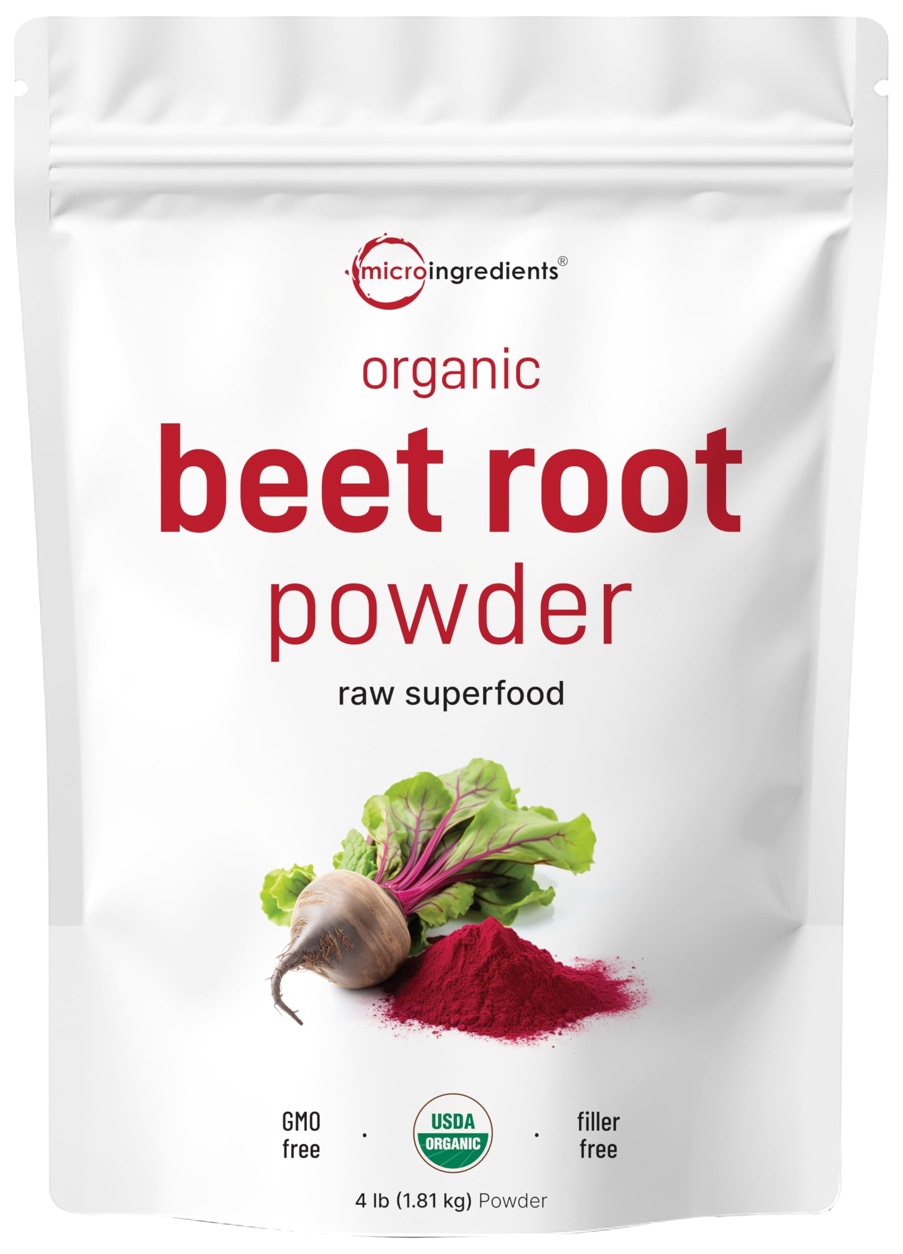 Micro Ingredients organic beet root powder in bulk packaging for long-term use.