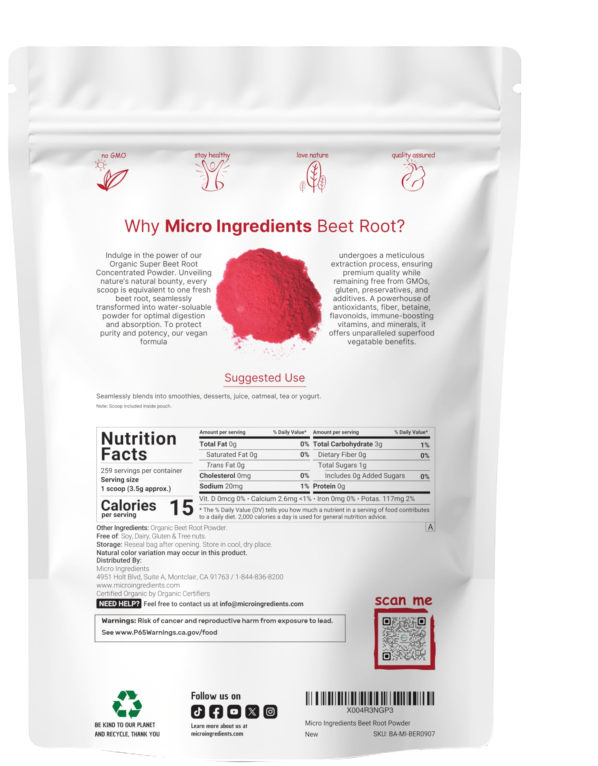 Scoop included with Micro Ingredients beet powder for precise servings.