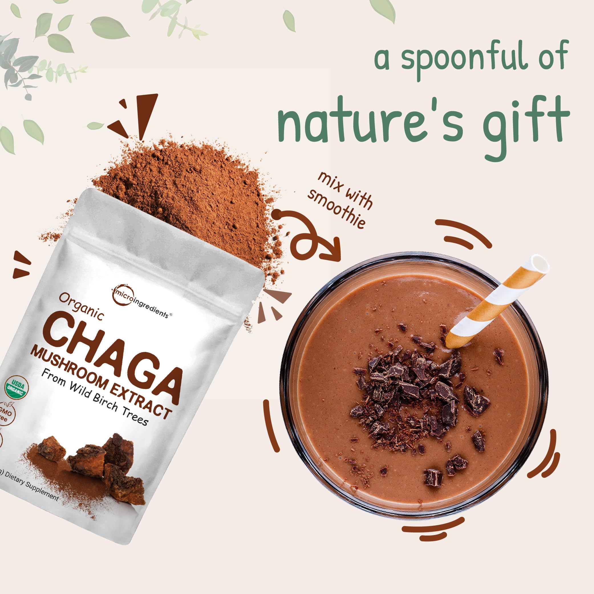 Micro Ingredients organic chaga packaging highlighting vegan and non-GMO claims