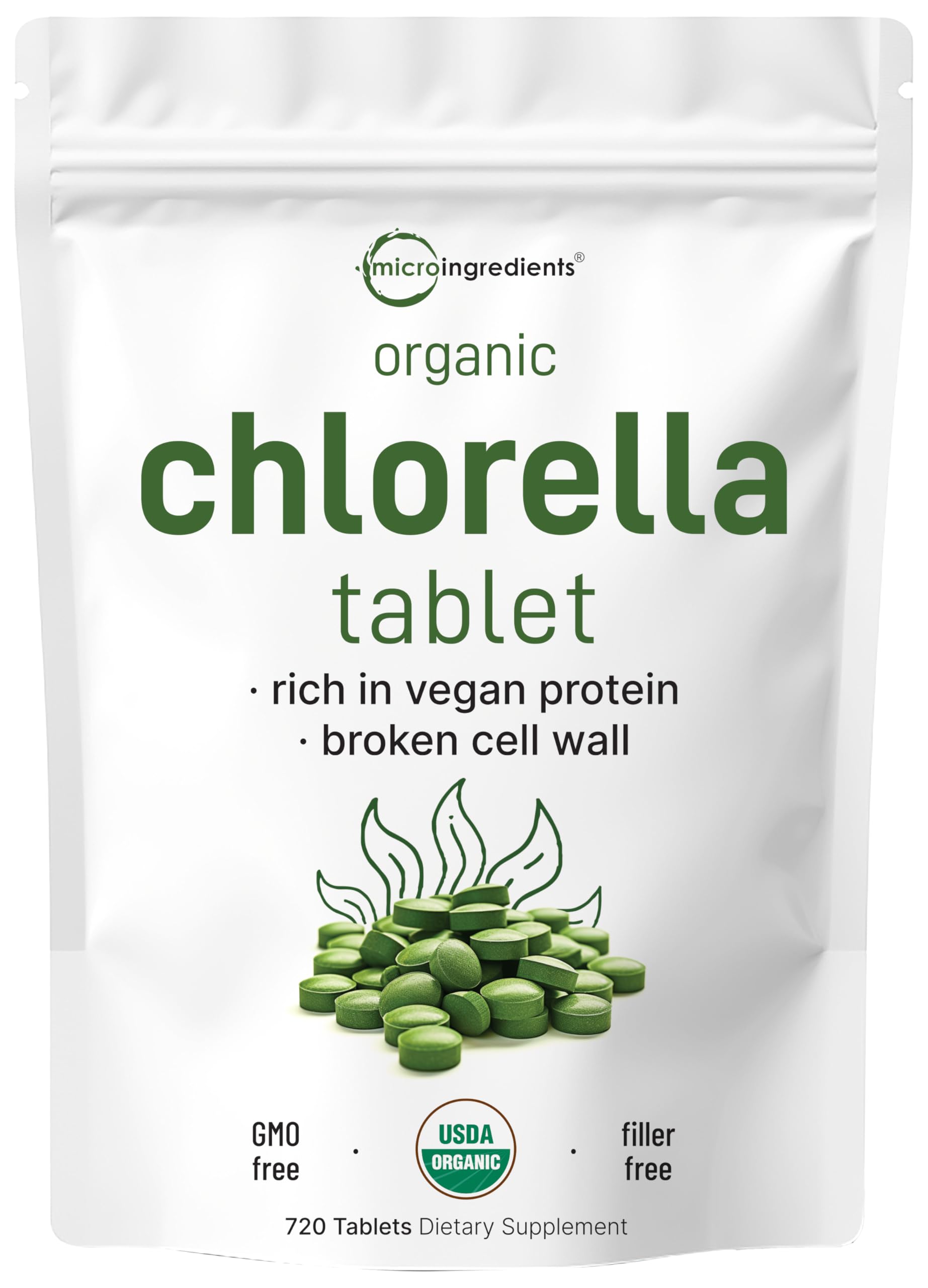Micro Ingredients Organic Chlorella tablets bottle showing daily greens support