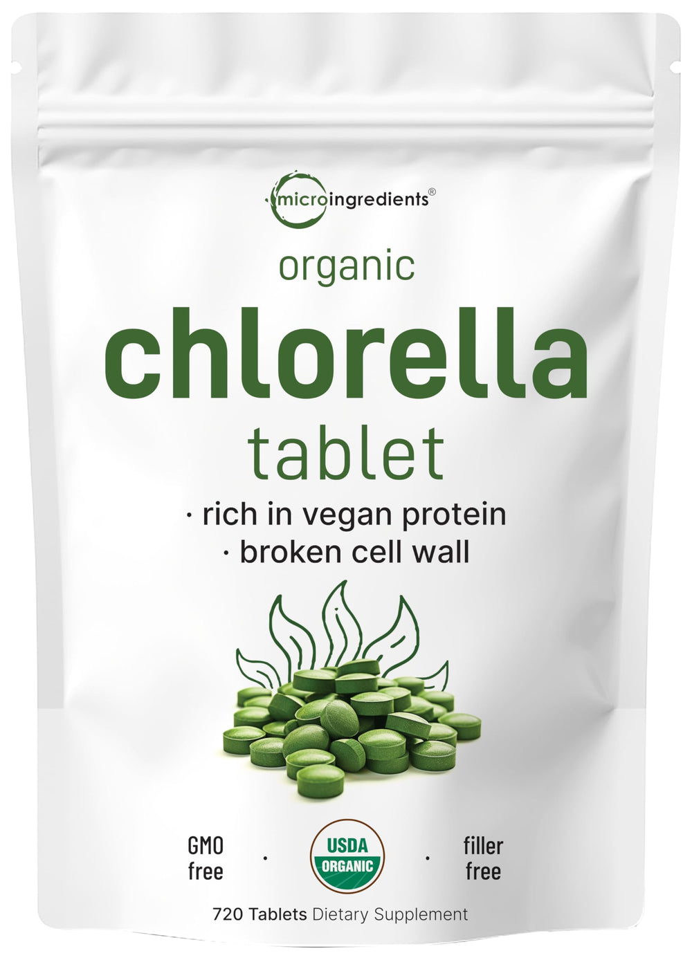 Micro Ingredients Organic Chlorella tablets bottle showing daily greens support