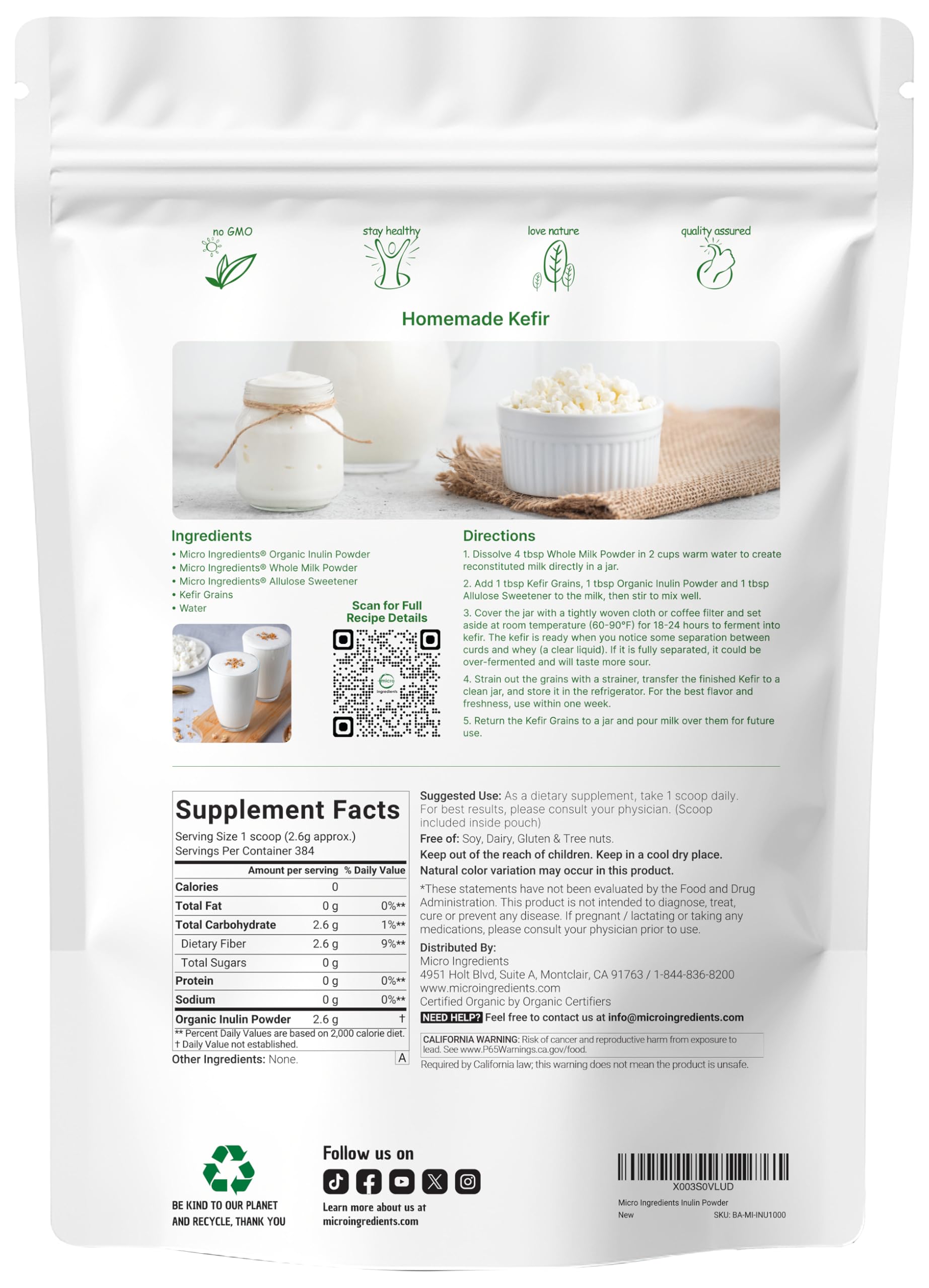 Micro Ingredients Inulin FOS powder poured into a glass for a quick water-soluble fiber boost