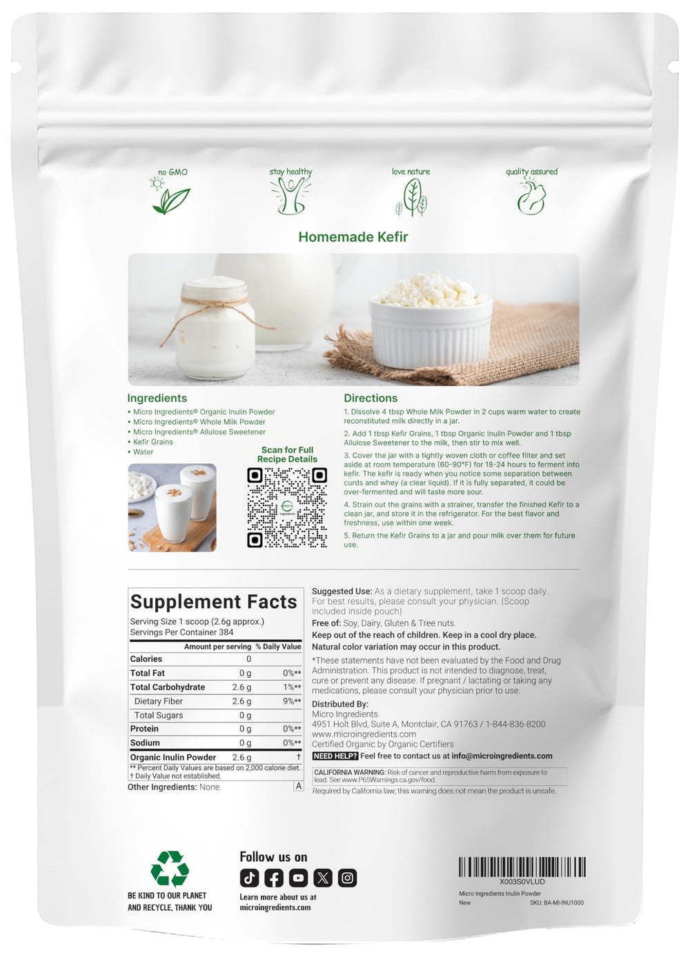 Micro Ingredients Inulin FOS powder poured into a glass for a quick water-soluble fiber boost