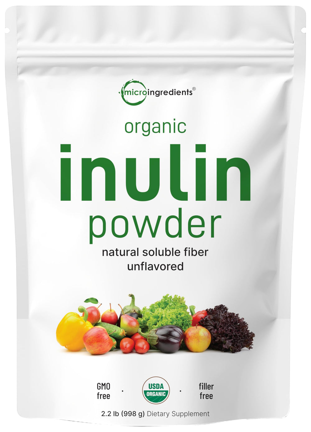 Micro Ingredients Organic Inulin FOS powder with scoop for easy daily prebiotic boost in smoothies