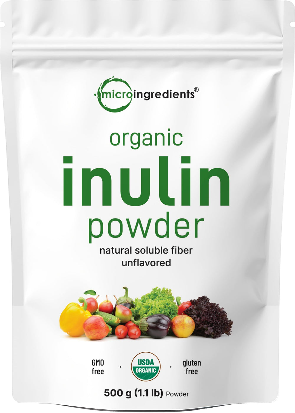 Micro Ingredients Organic Inulin Powder bottle shown for smooth, unflavored fiber in drinks
