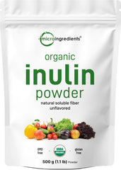 Micro Ingredients Organic Inulin Powder bottle shown for smooth, unflavored fiber in drinks