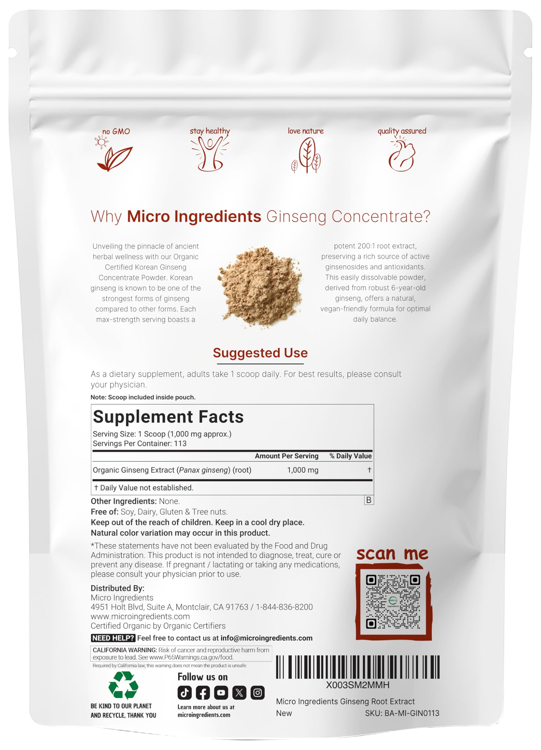 Micro Ingredients organic red ginseng extract 200:1 bottle highlights high ginsenoside content.