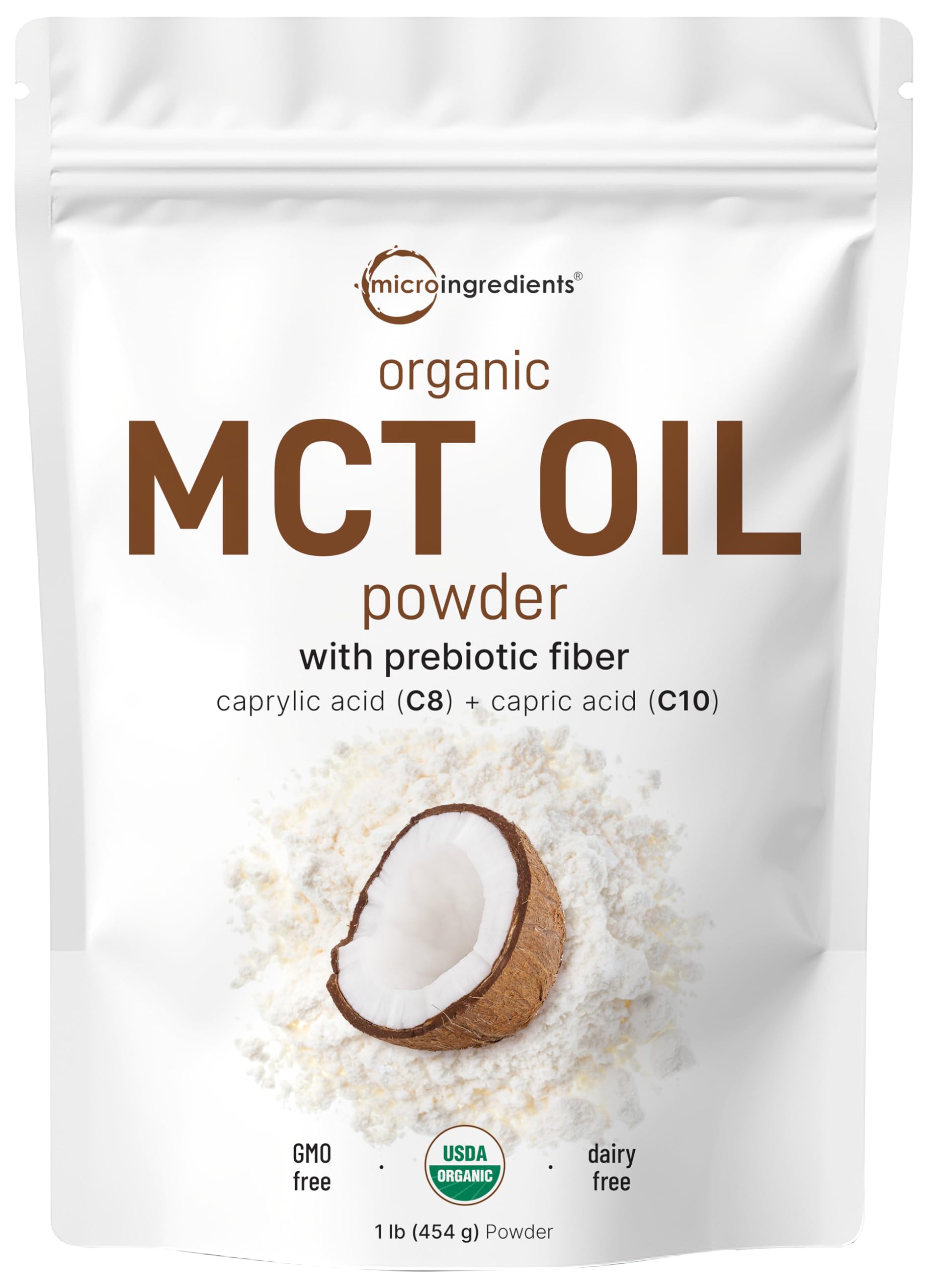 Micro Ingredients MCT Oil Powder bottle shows premium-organic formula for keto use.