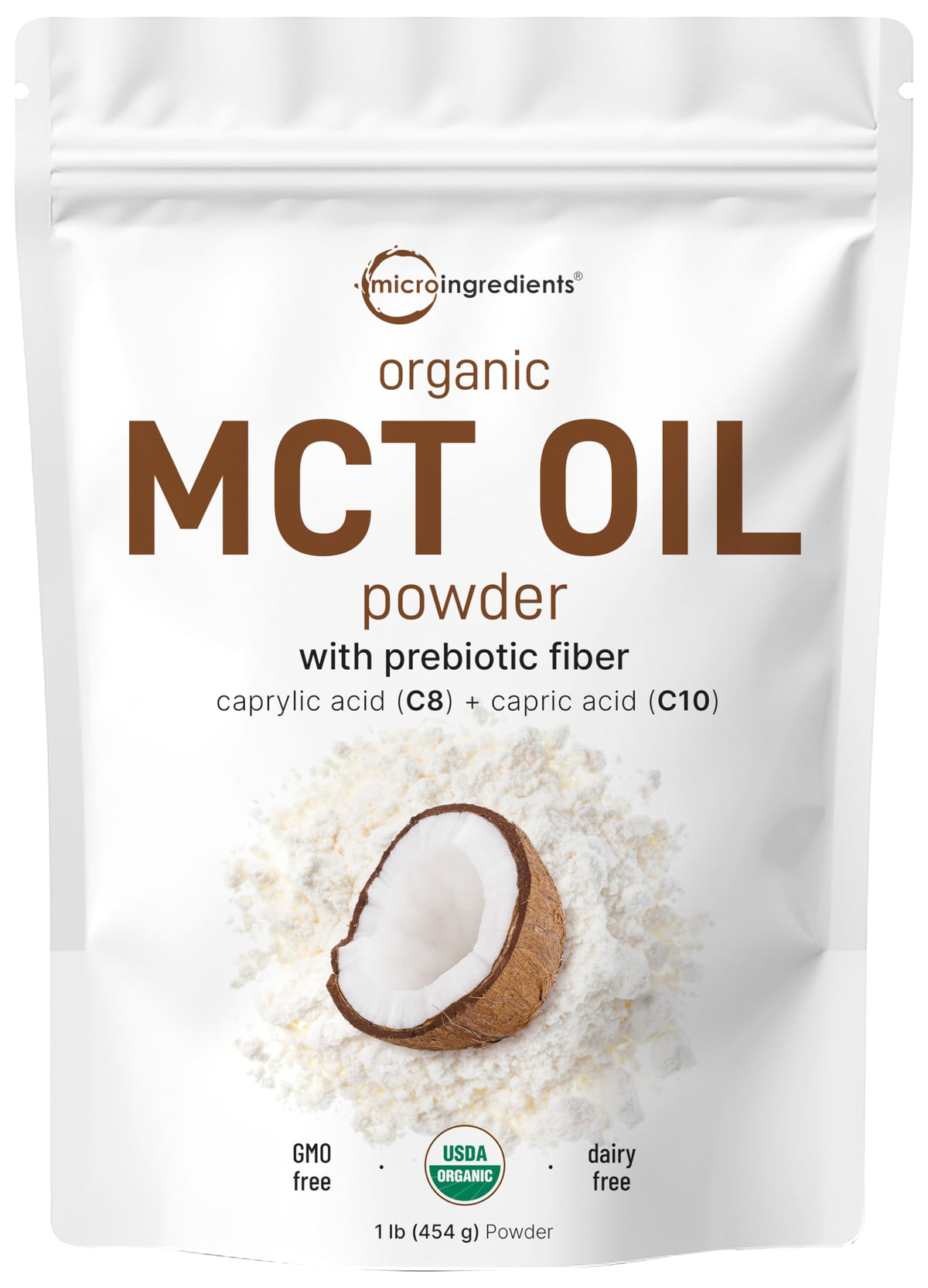 Micro Ingredients MCT Oil Powder bottle shows premium-organic formula for keto use.