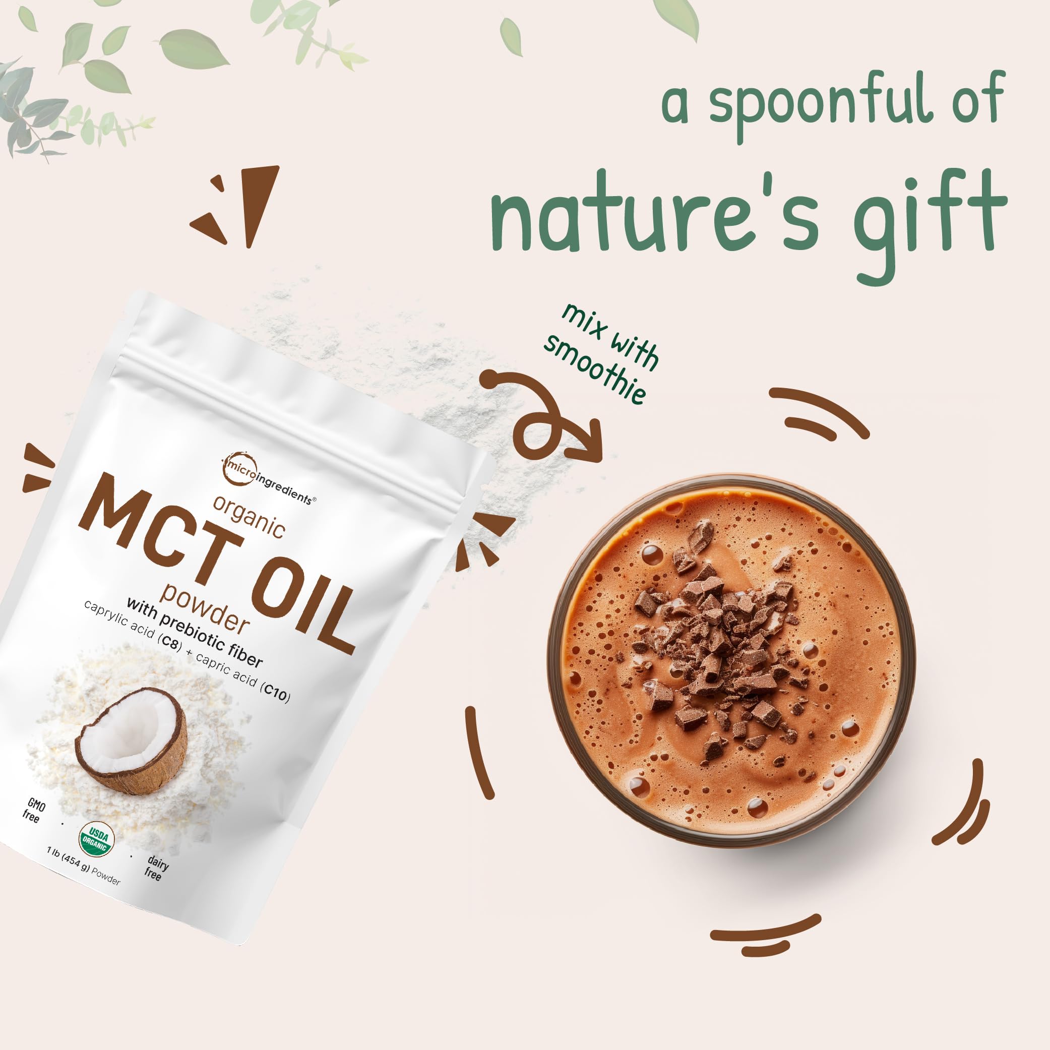 Micro Ingredients MCT powder label closeup confirms 70/30 C8/C10 blend.
