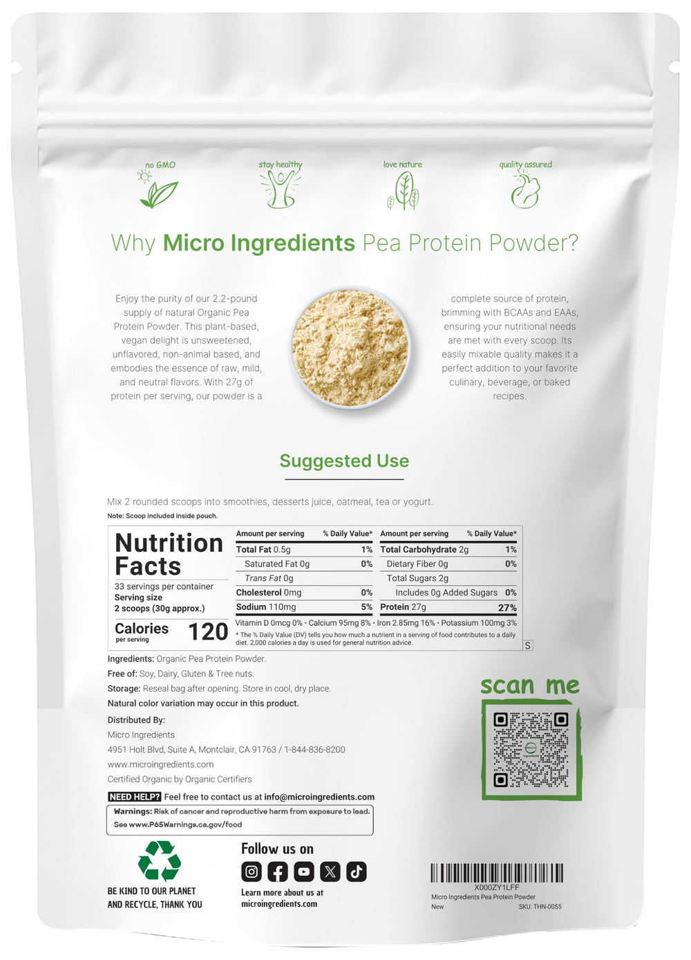 Micro Ingredients organic pea protein scoop ready for shakes