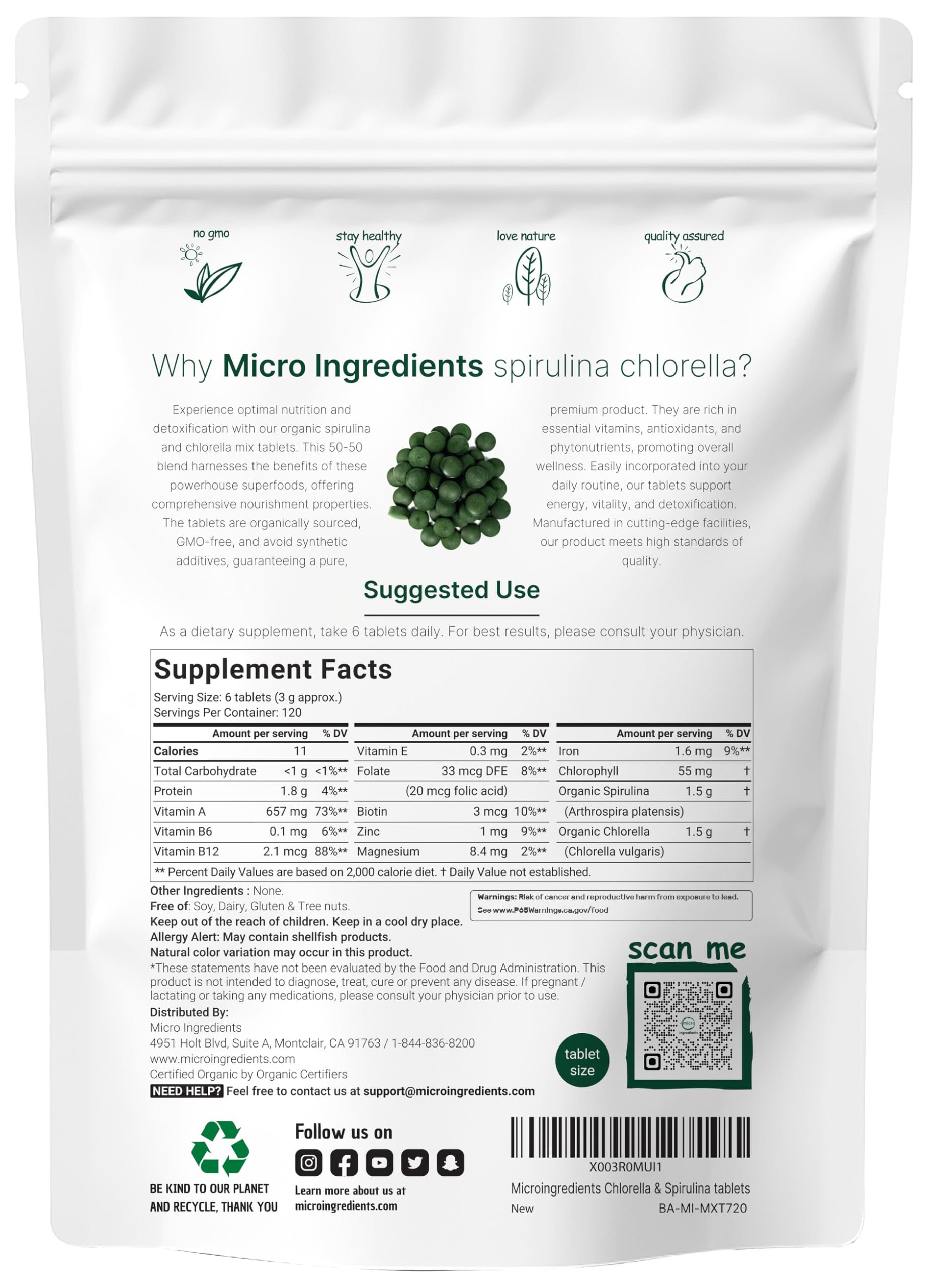 Micro Ingredients Spirulina-Chlorella tablets close-up showing vibrant green, easy-to-swallow design