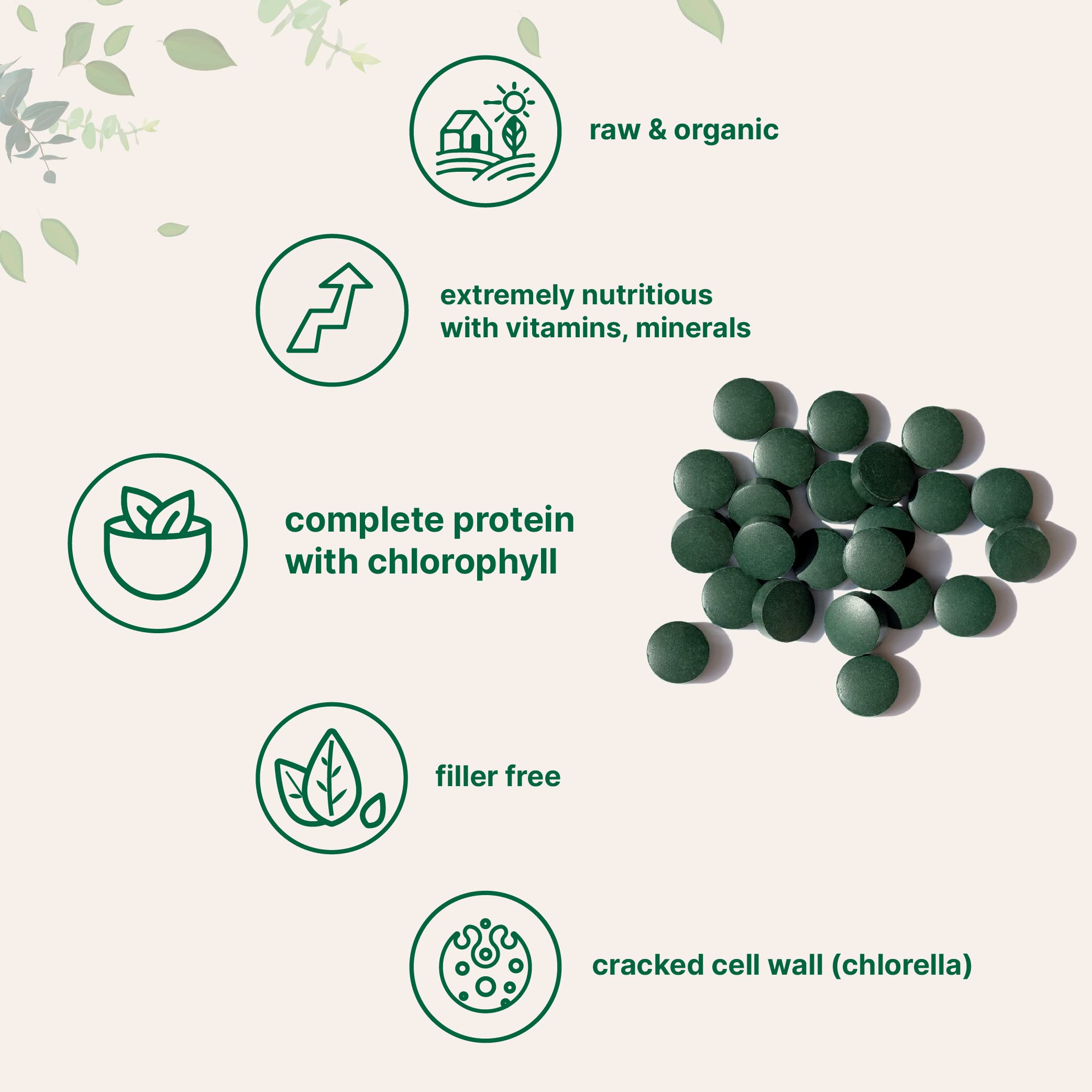 Micro Ingredients Spirulina-Chlorella tablets label highlights vegan protein and chlorophyll