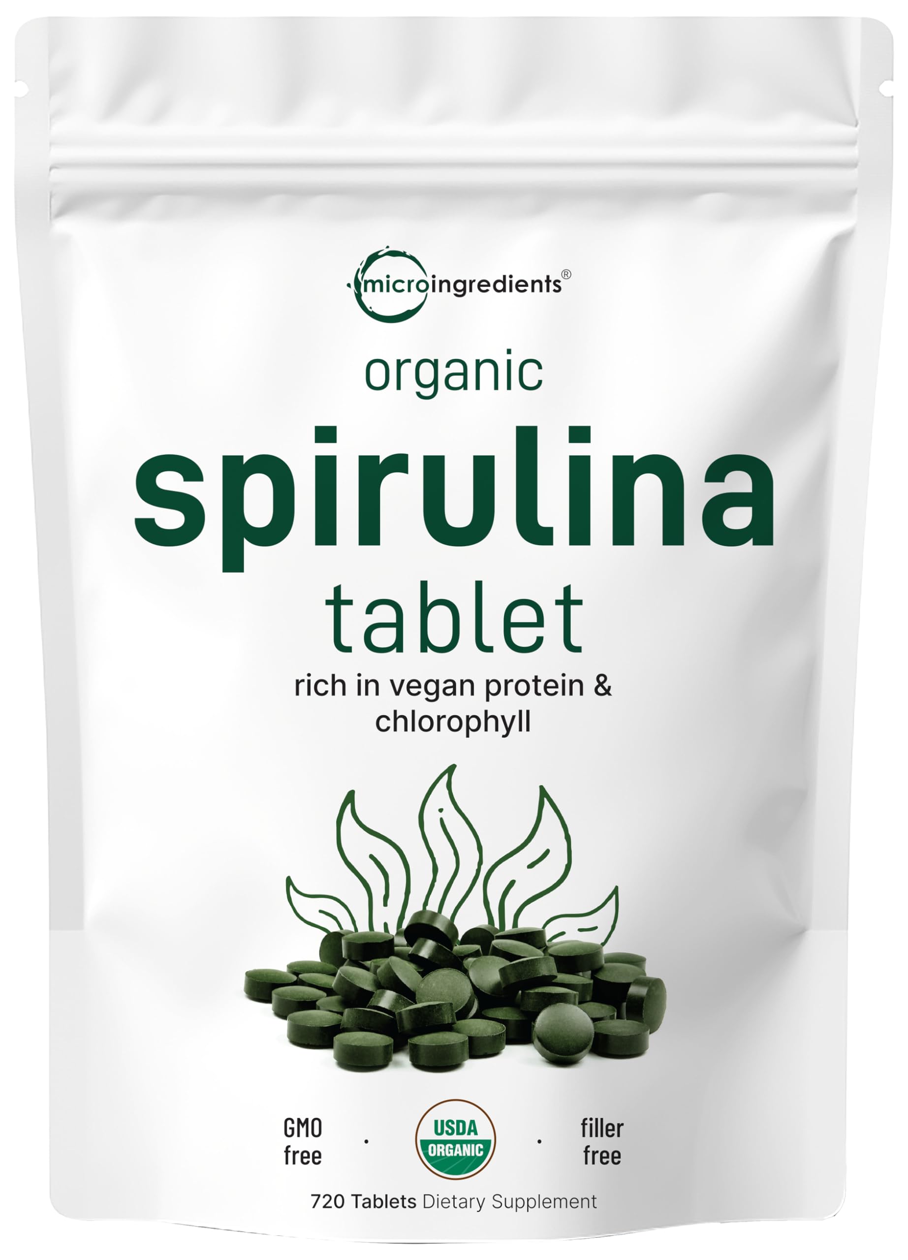 Micro Ingredients Organic Spirulina tablets on bottle, convenient daily intake.