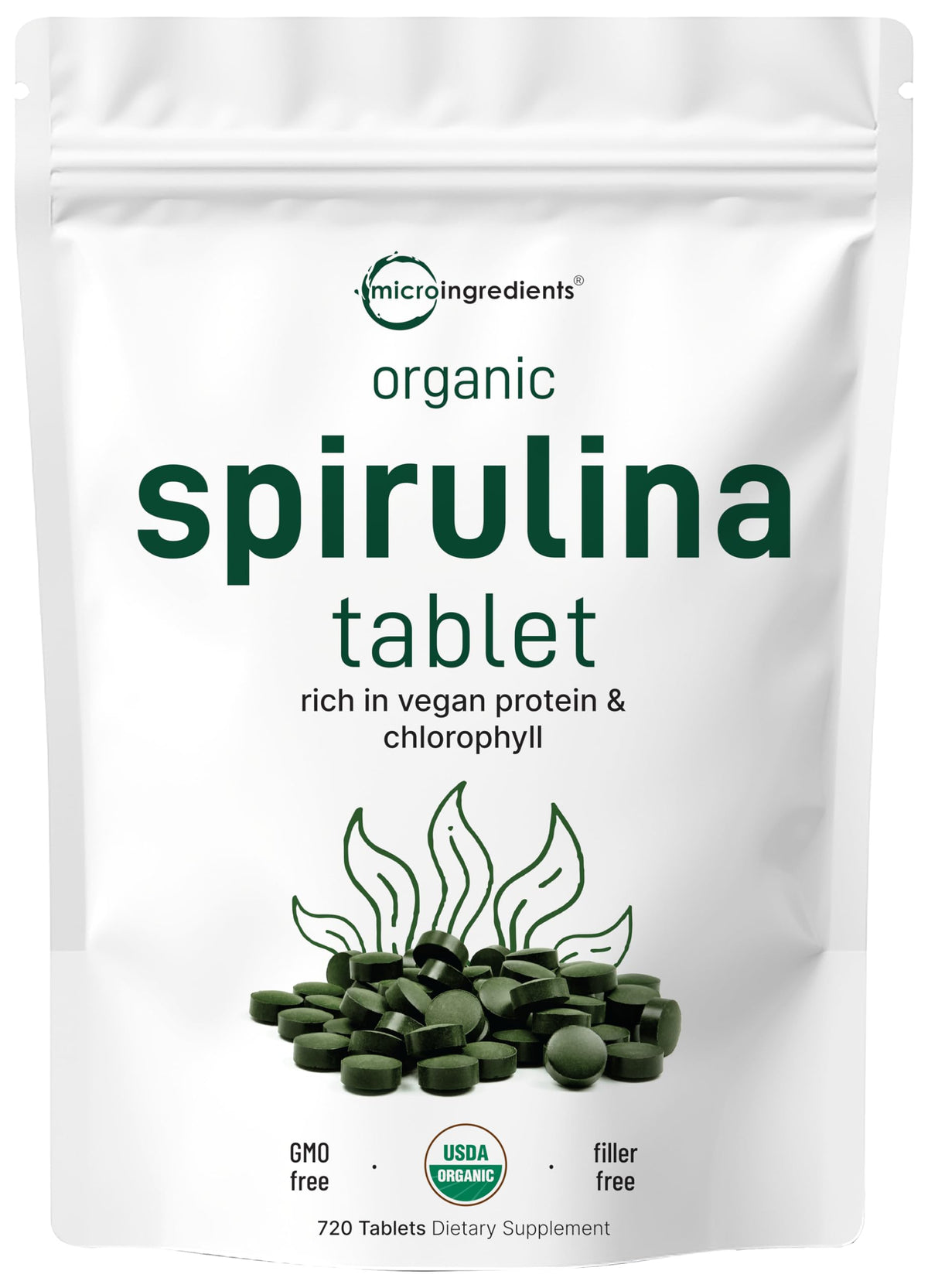 Micro Ingredients Organic Spirulina tablets on bottle, convenient daily intake.