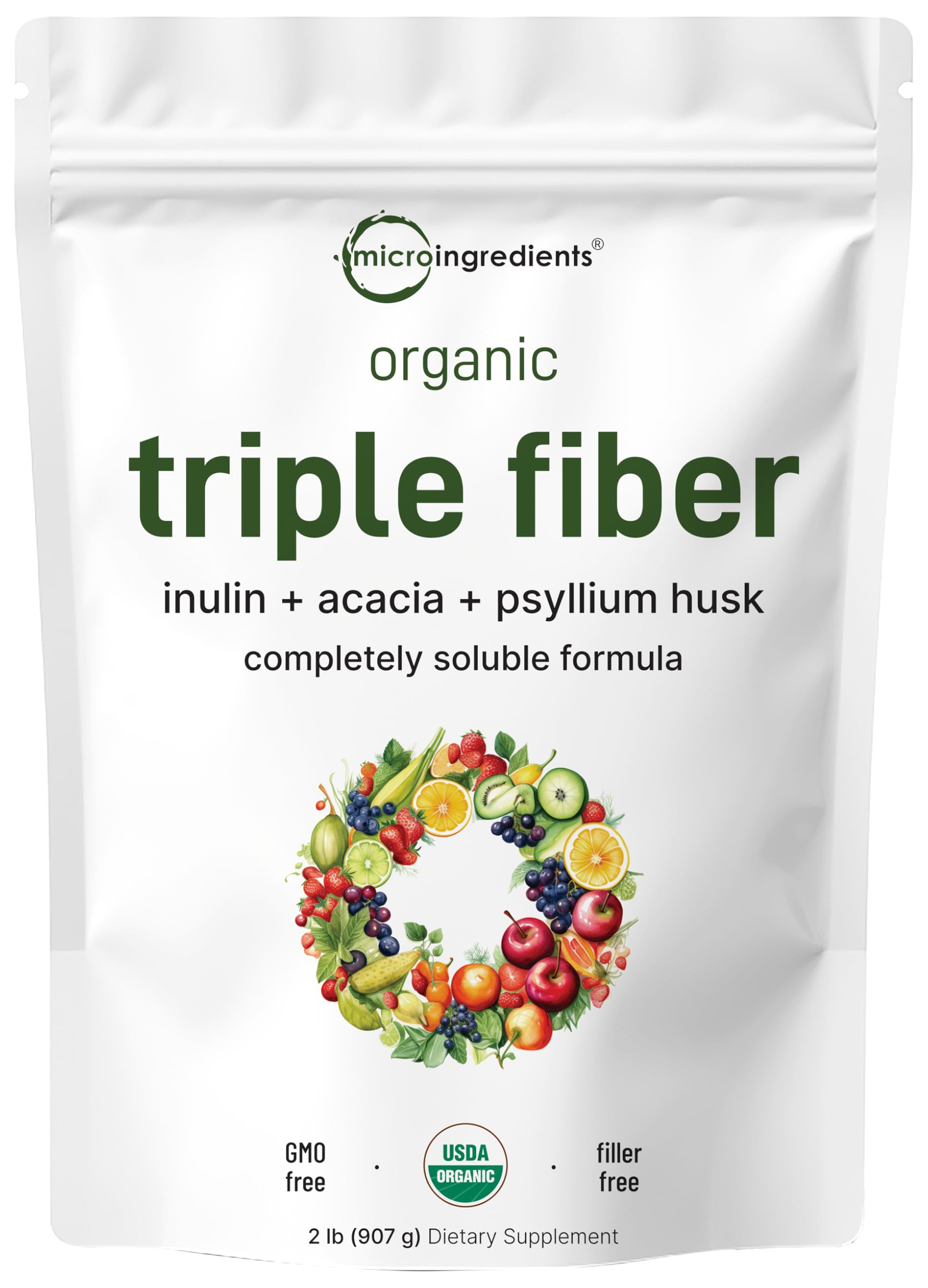 Micro Ingredients Organic Triple Fiber Powder bottle for convenient daily fiber intake