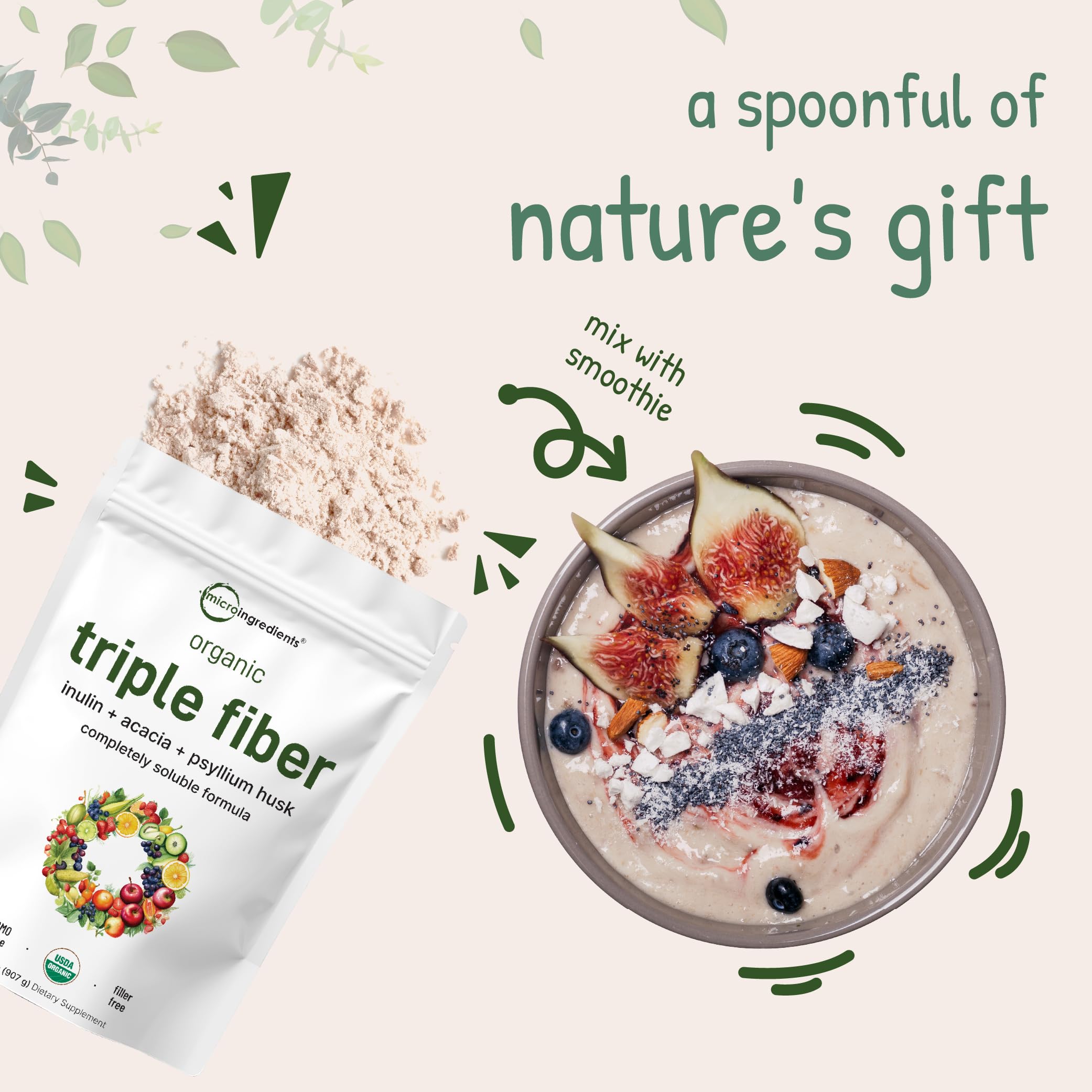 Micro Ingredients Organic Triple Fiber Powder ingredients list emphasizes 3-in-1 fiber blend