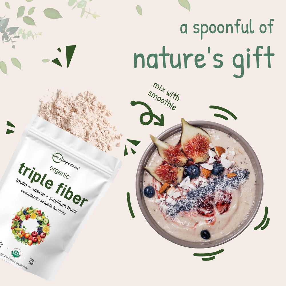 Micro Ingredients Organic Triple Fiber Powder ingredients list emphasizes 3-in-1 fiber blend