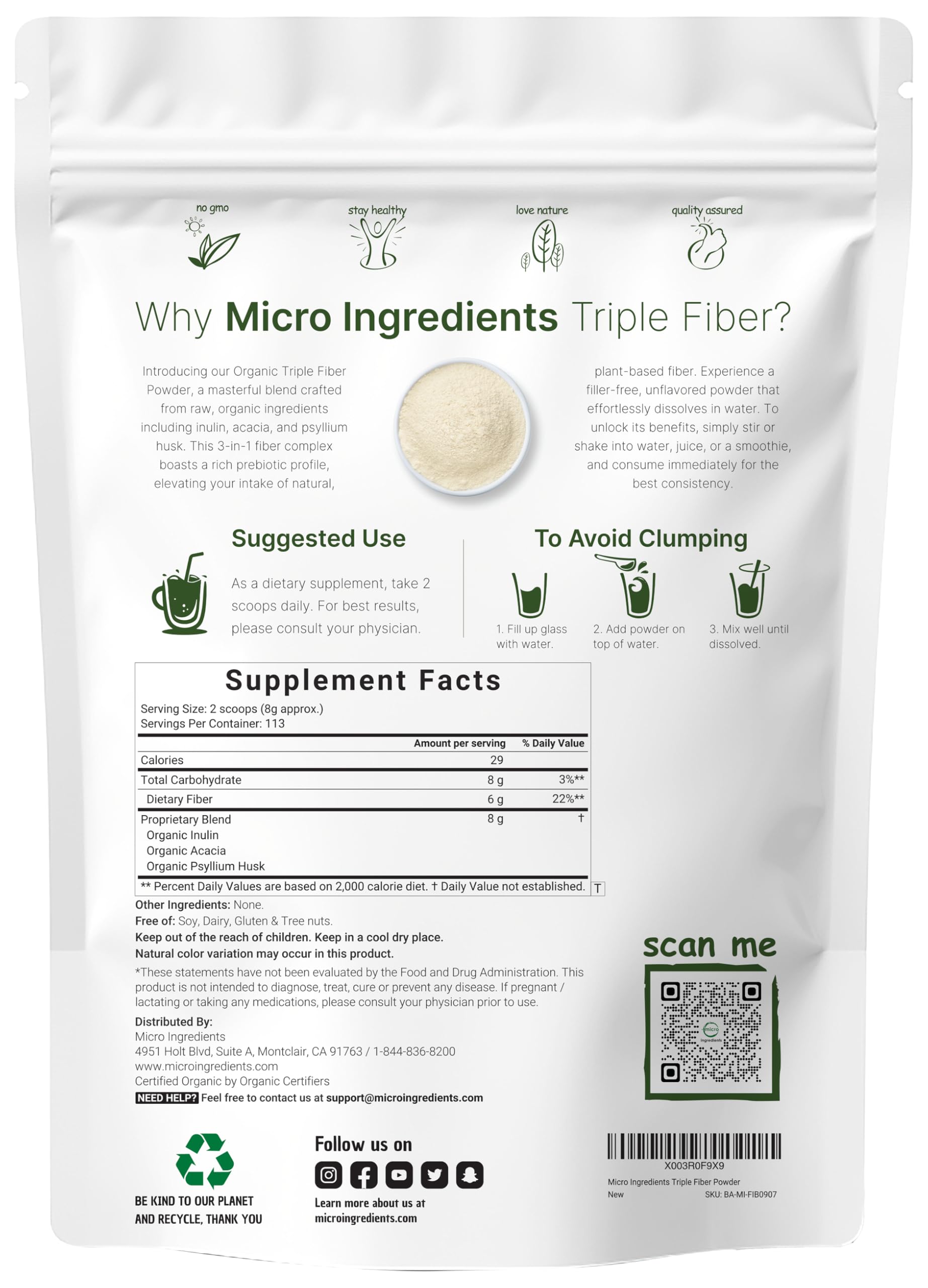 Micro Ingredients Organic Triple Fiber Powder measuring scoop for easy portion control