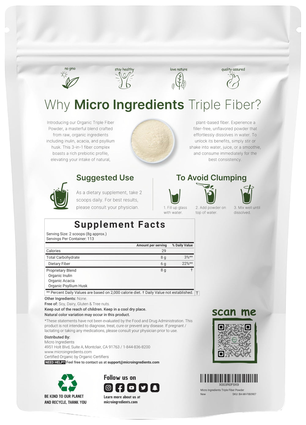 Micro Ingredients Organic Triple Fiber Powder measuring scoop for easy portion control