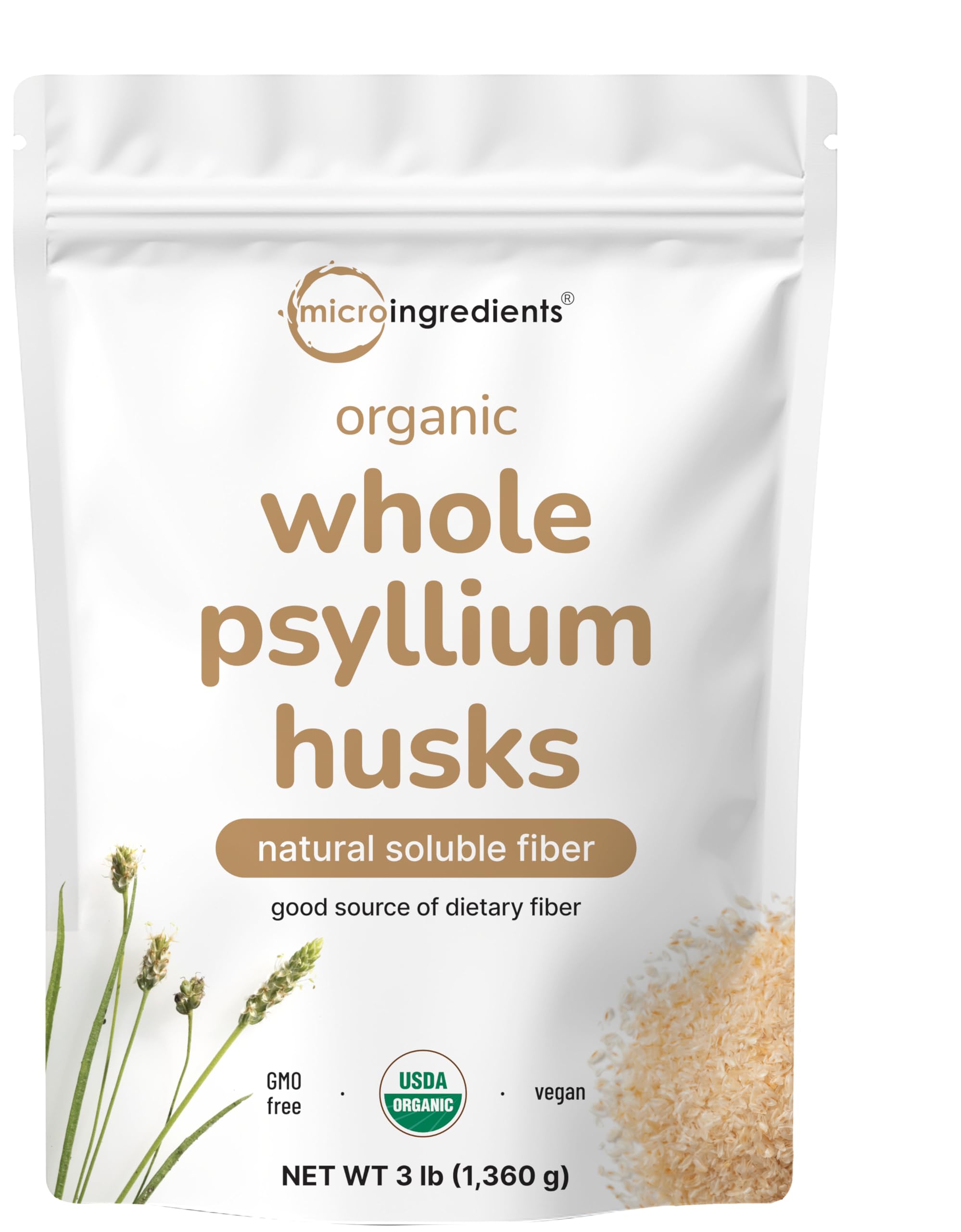 Micro Ingredients Organic Whole Psyllium Husks 3lbs bottle highlights vegan, non-GMO soluble fiber support.