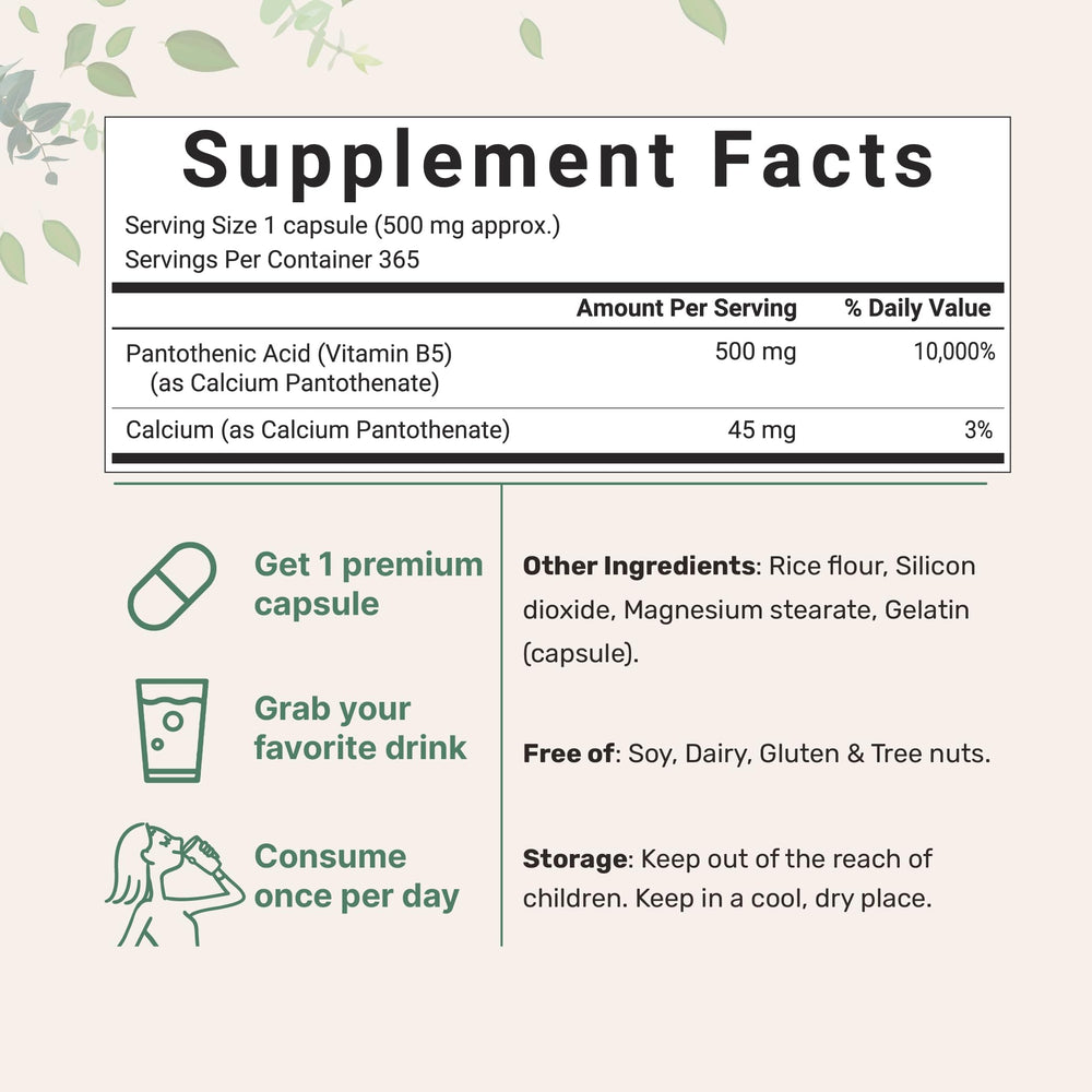 Micro Ingredients Pantothenic Acid capsules close-up in a 365-count bottle for daily B5 intake.