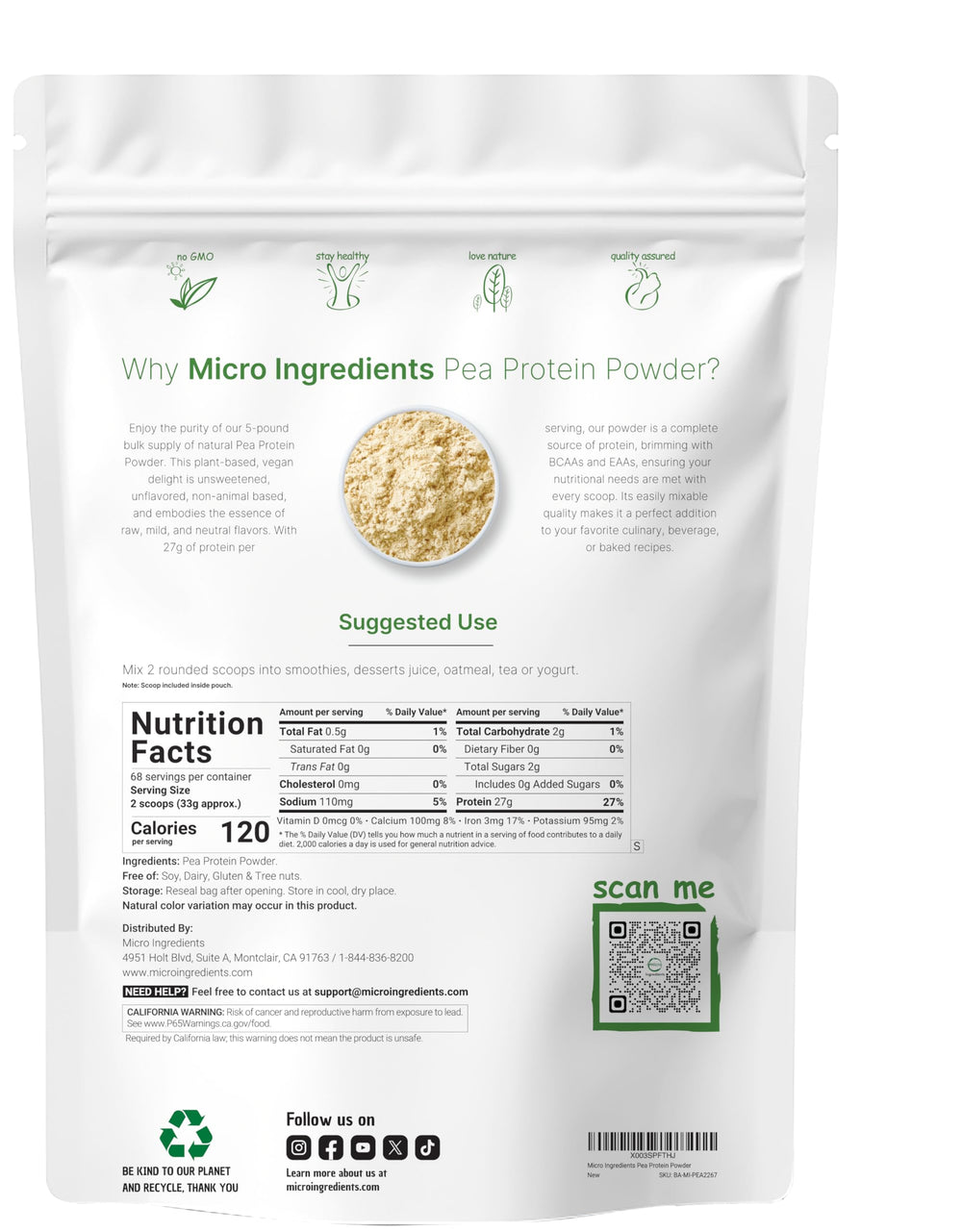 Scoop demonstrates 27g protein per serving with Micro Ingredients pea protein