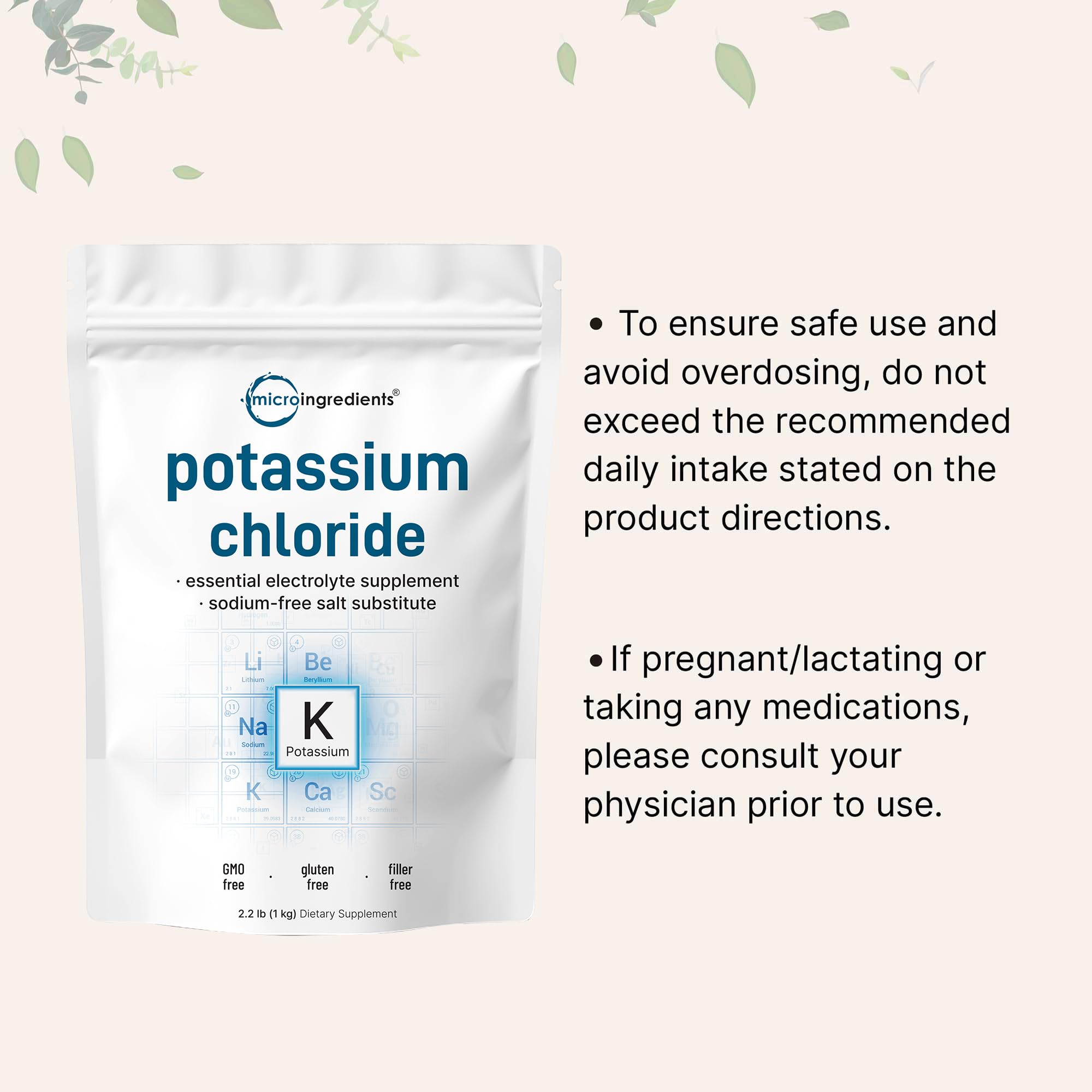 Micro Ingredients potassium chloride powder next to a glass of juice for easy hydration.